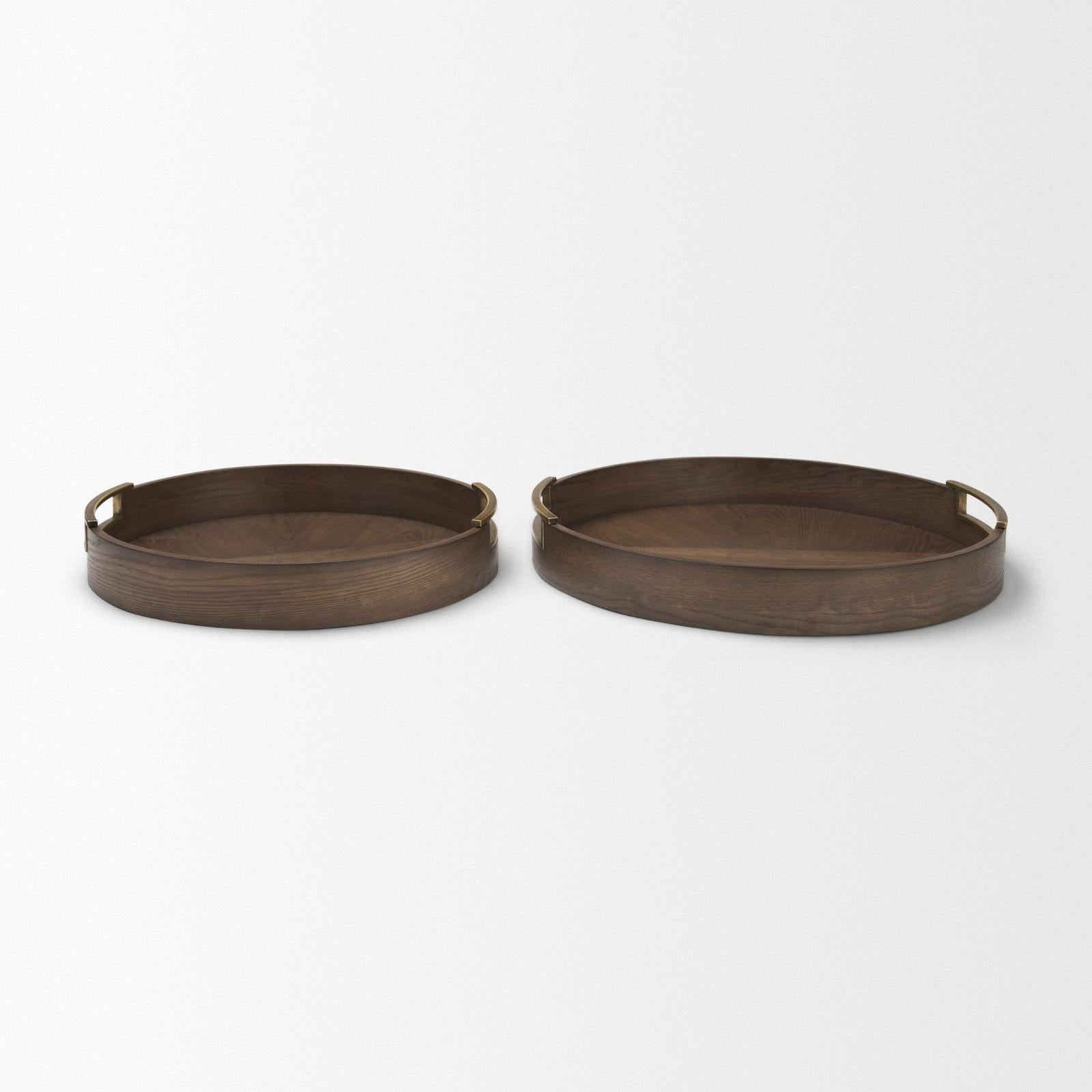Mercana Langford Walnut Wood w/ Brass Handles Decorative Tray Set