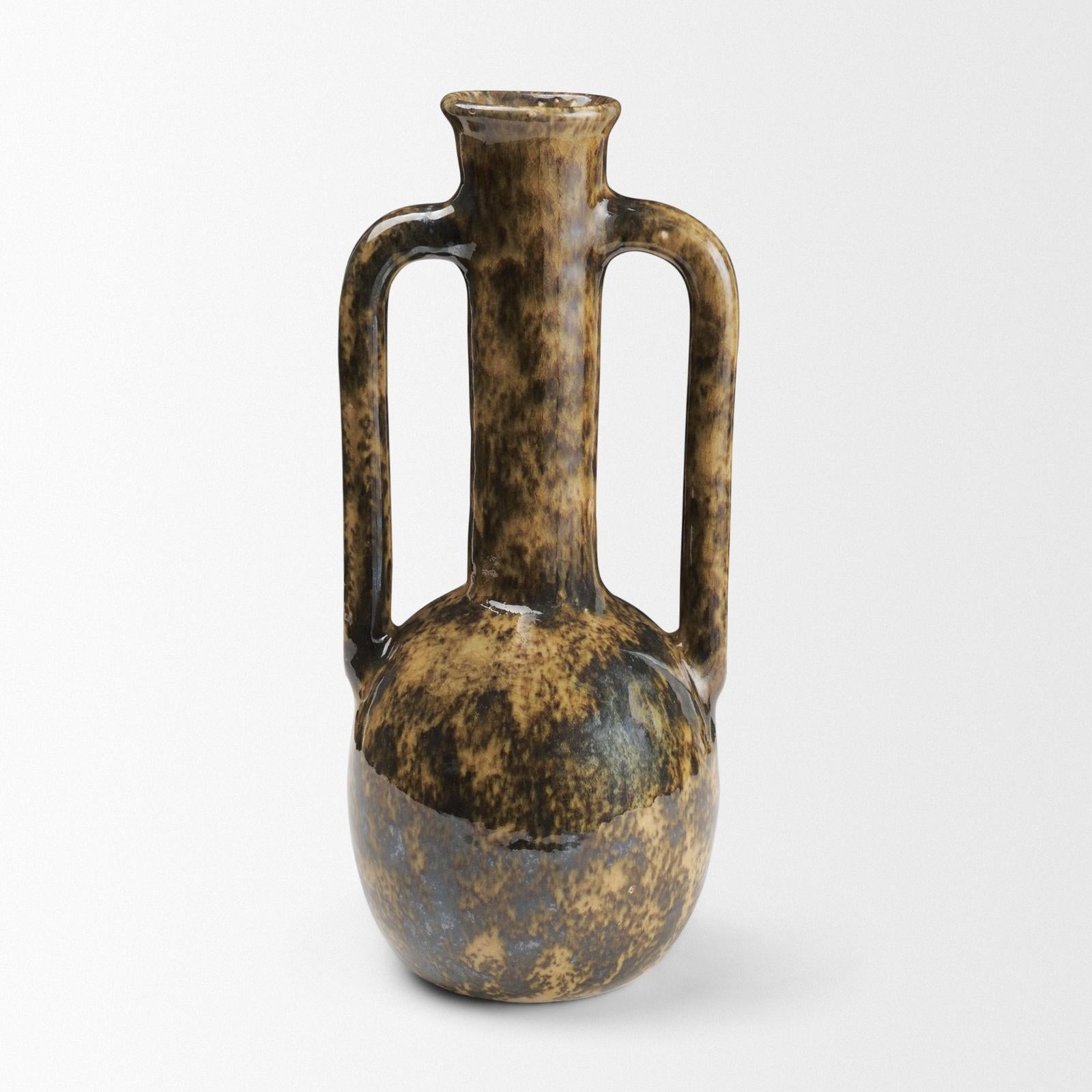 Mercana Aven Mottled Brown Glazed Ceramic Tall Neck Decorative Vase w/ Handles