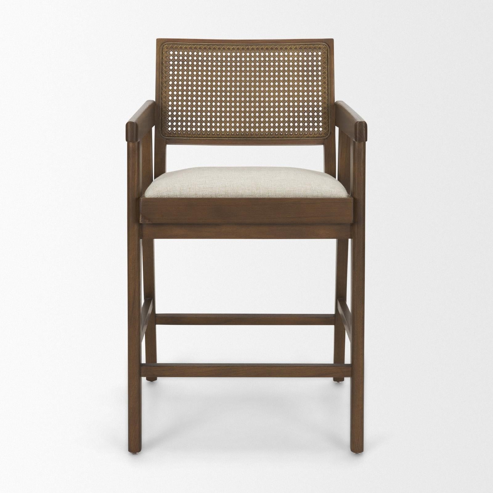 Mercana Reid Framed Brown Cane Cream Fabric Counter Stool
