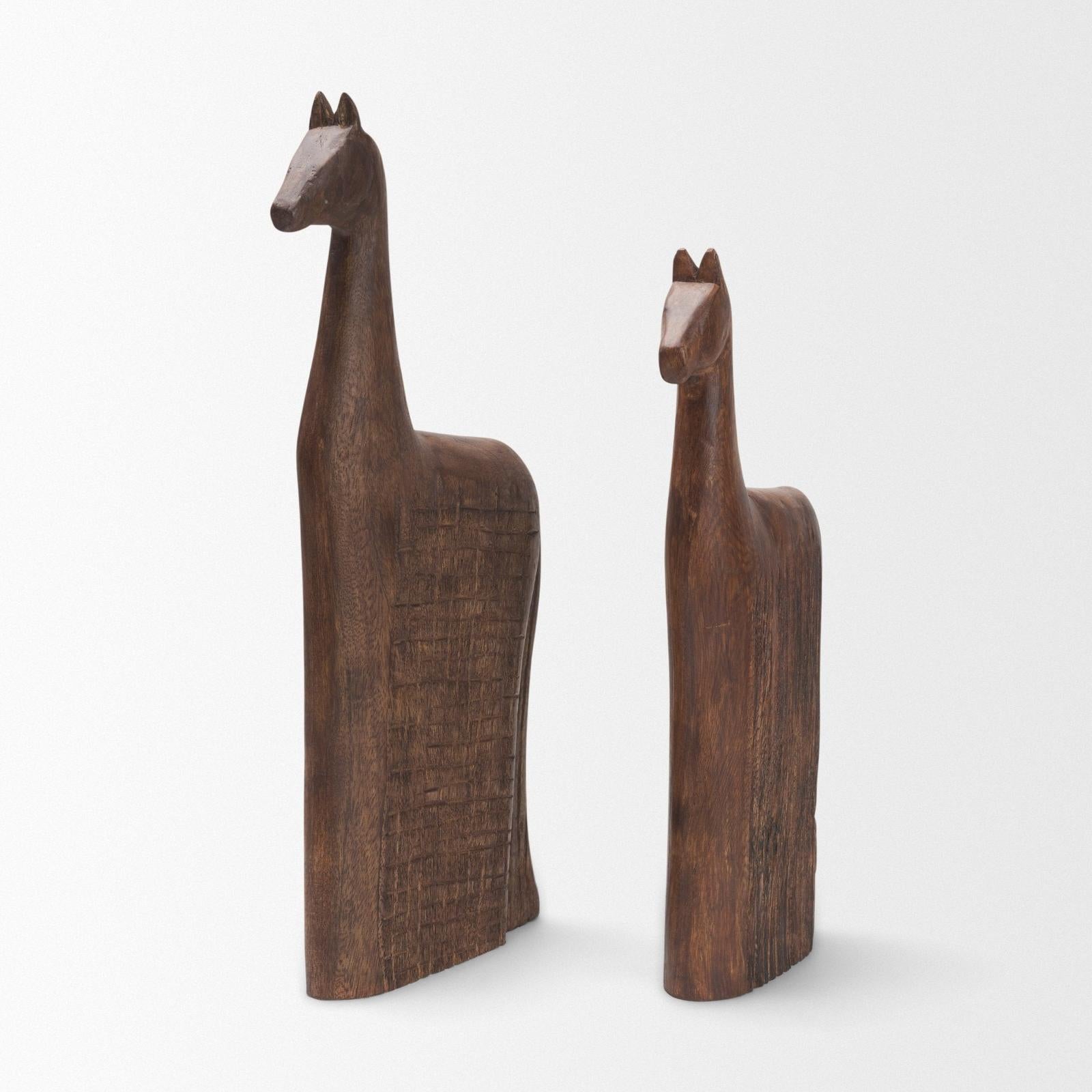 Mercana Farasi Medium Brown Wood Carved Horse Object - Set of 2