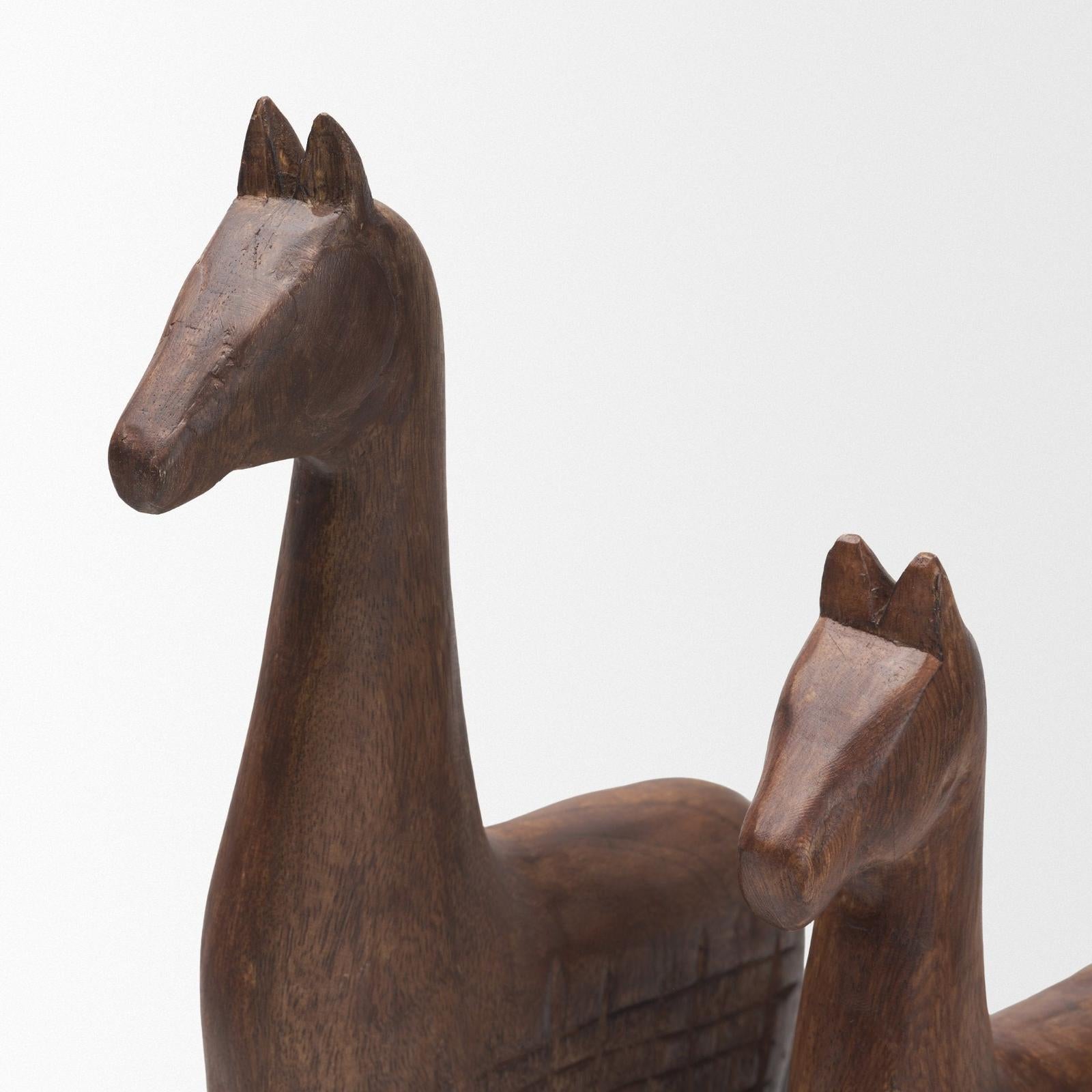 Mercana Farasi Medium Brown Wood Carved Horse Object - Set of 2