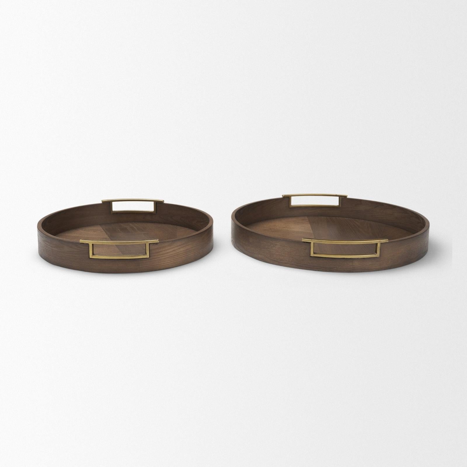 Mercana Langford Walnut Wood w/ Brass Handles Decorative Tray Set