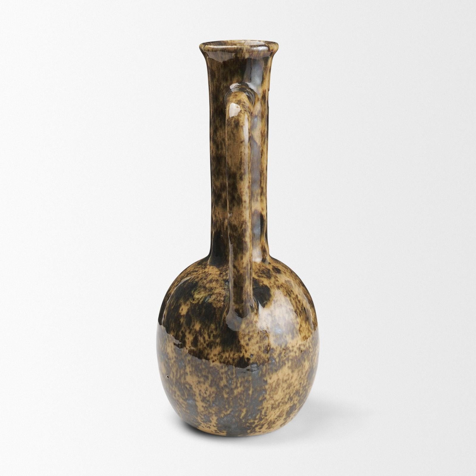 Mercana Aven Mottled Brown Glazed Ceramic Tall Neck Decorative Vase w/ Handles