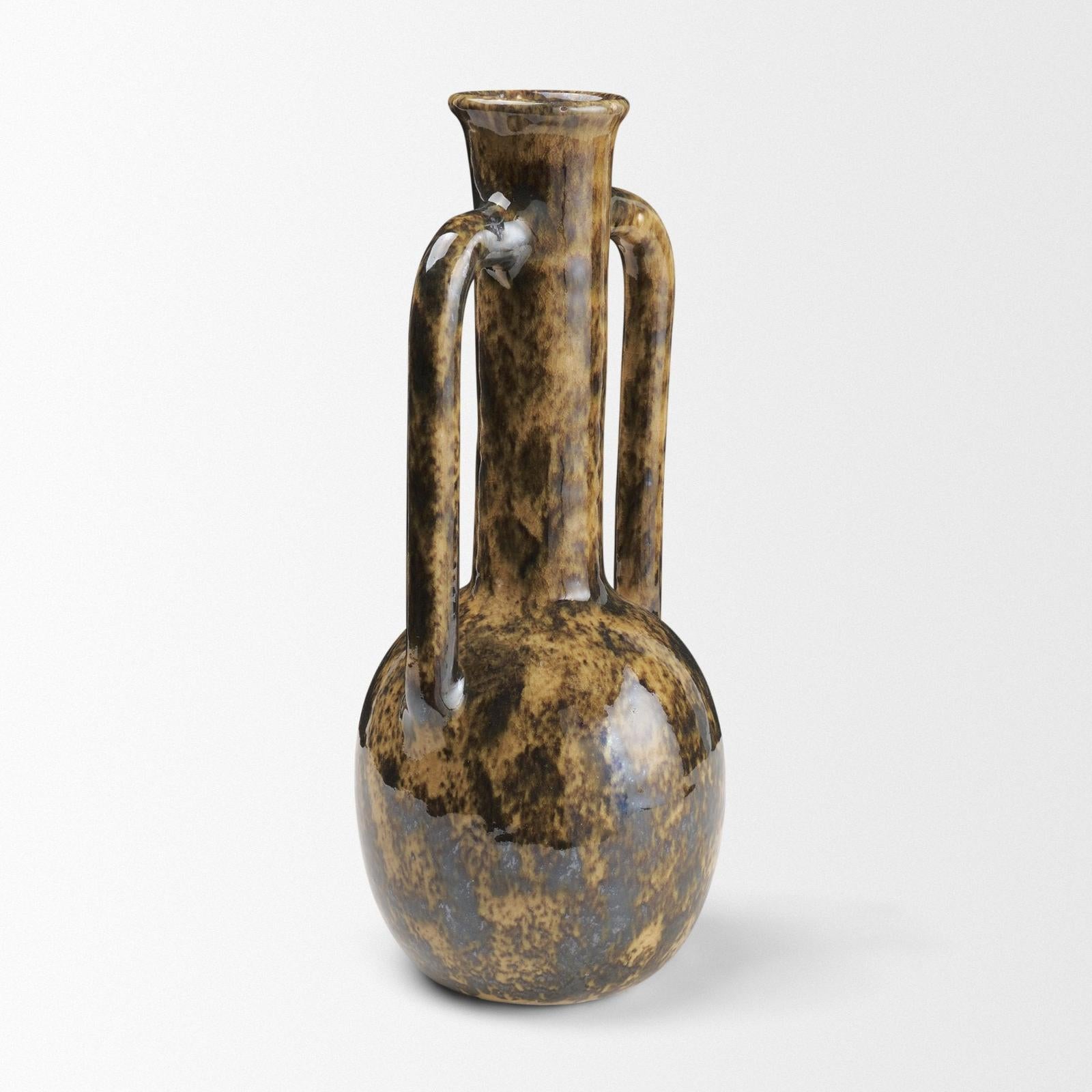 Mercana Aven Mottled Brown Glazed Ceramic Tall Neck Decorative Vase w/ Handles