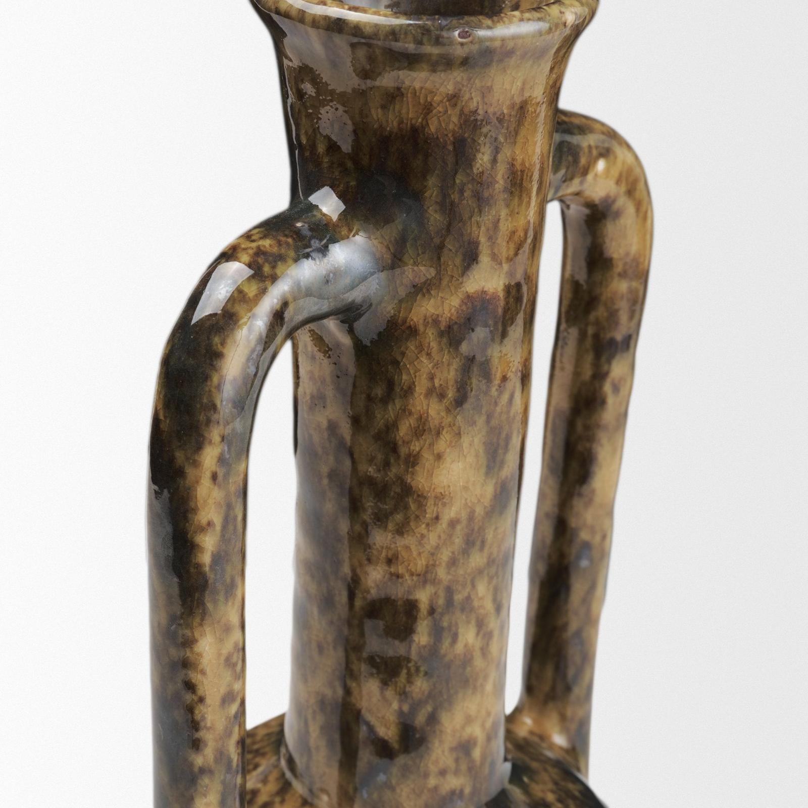 Mercana Aven Mottled Brown Glazed Ceramic Tall Neck Decorative Vase w/ Handles