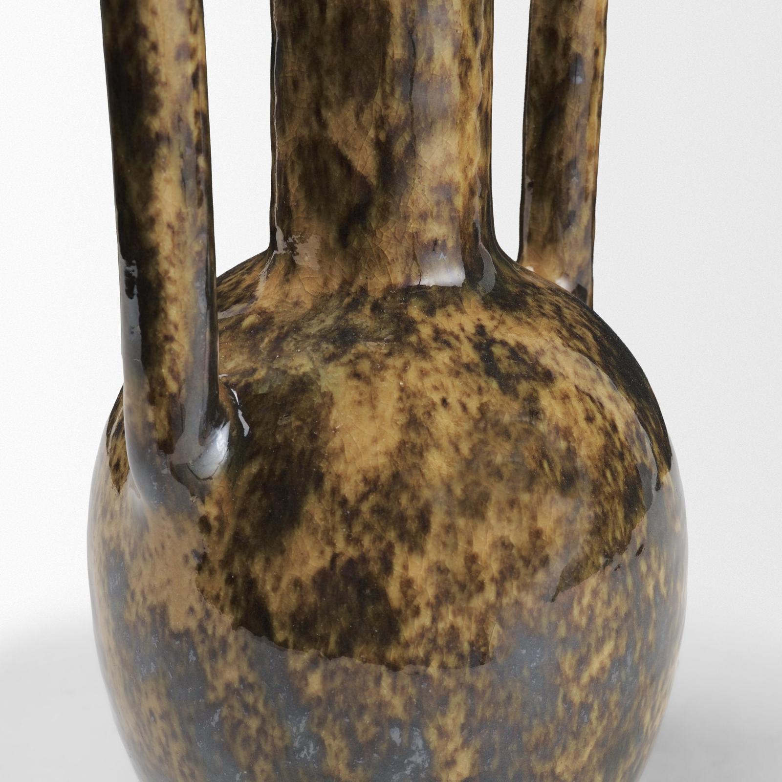 Mercana Aven Mottled Brown Glazed Ceramic Tall Neck Decorative Vase w/ Handles