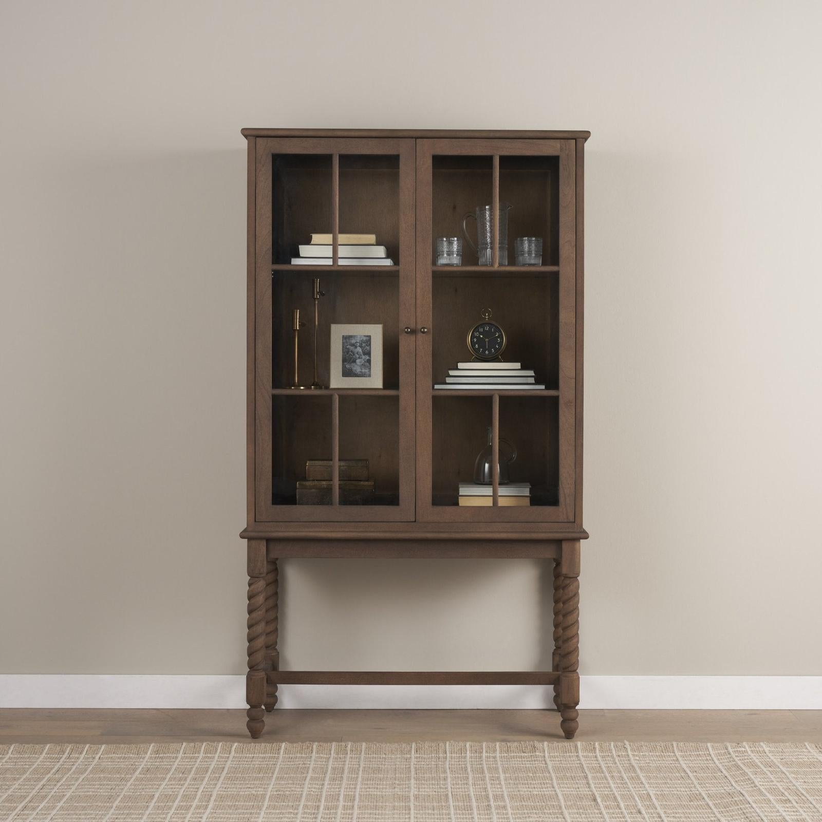 Mercana Cromwell Spiral Turned Display Cabinet | Mid-Brown Wood