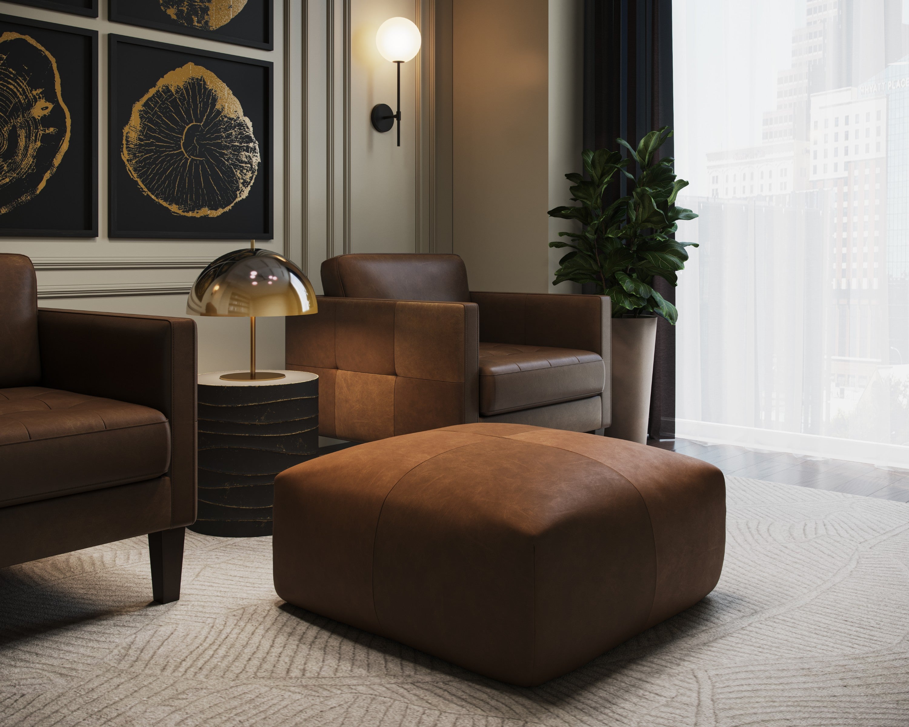 Sunpan Elio Ottoman - Cognac Leather