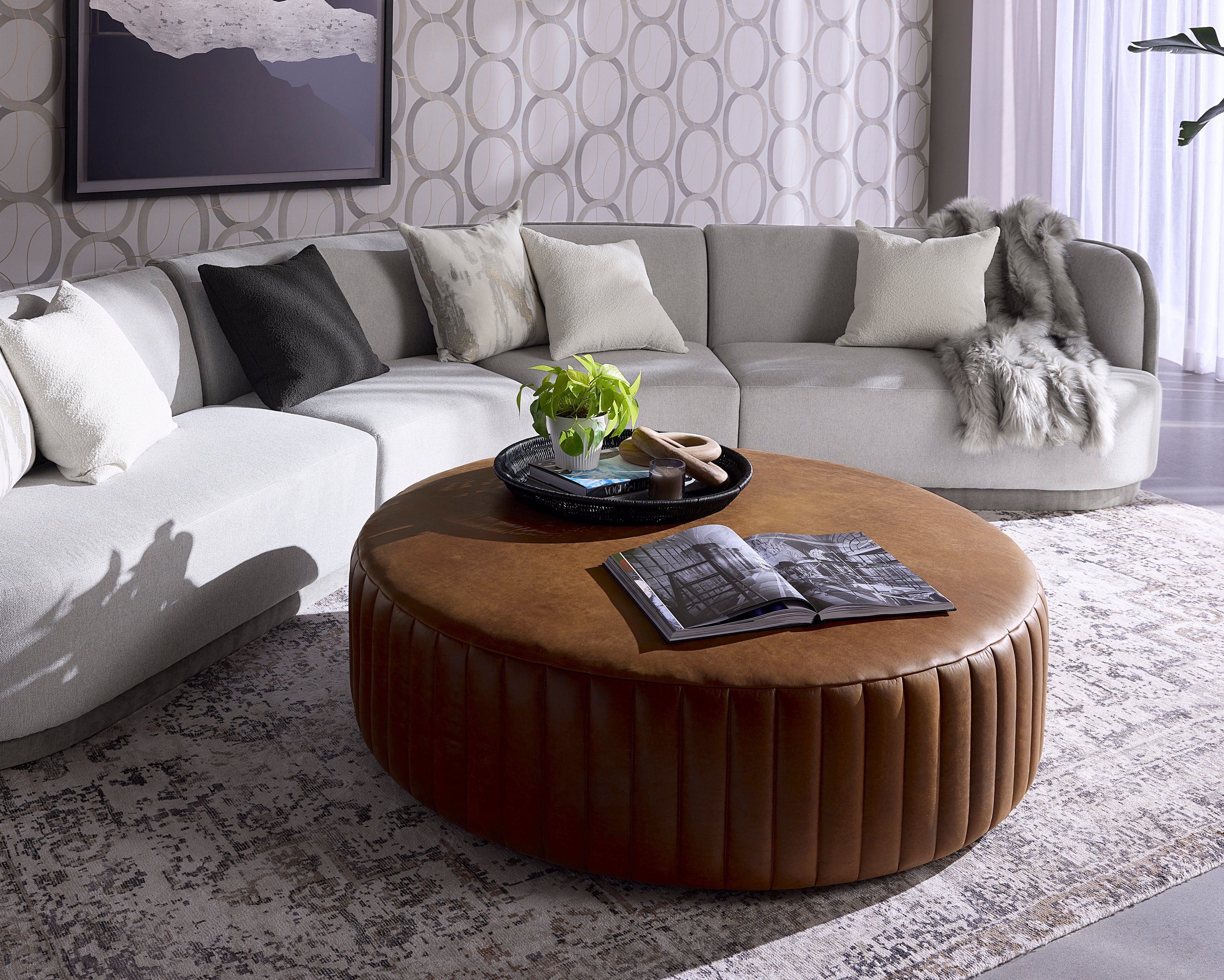 Sunpan Divano Ottoman - Lucia Tobacco Leather