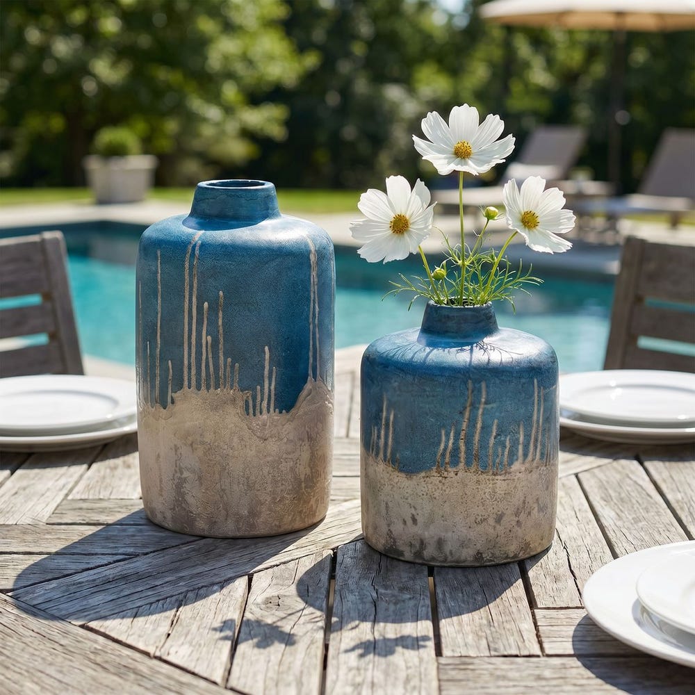 Uttermost Coastal Cascade Indoor-Outdoor Blue Vases- Set of 2