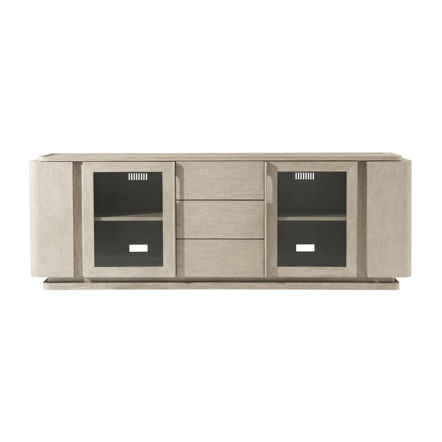 Theodore Alexander Repose Glass Door Media Console With Drawers and Side Storage