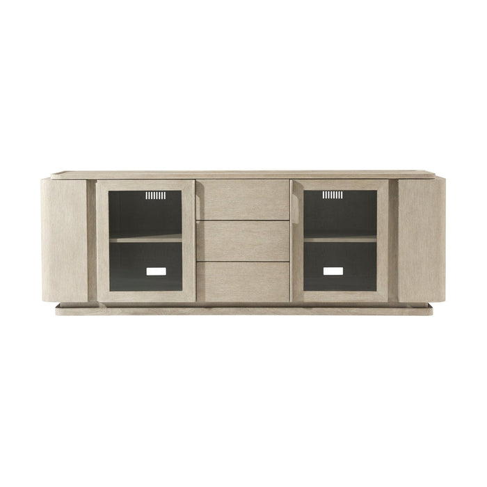 Theodore Alexander Repose Glass Door Media Console With Drawers and Side Storage