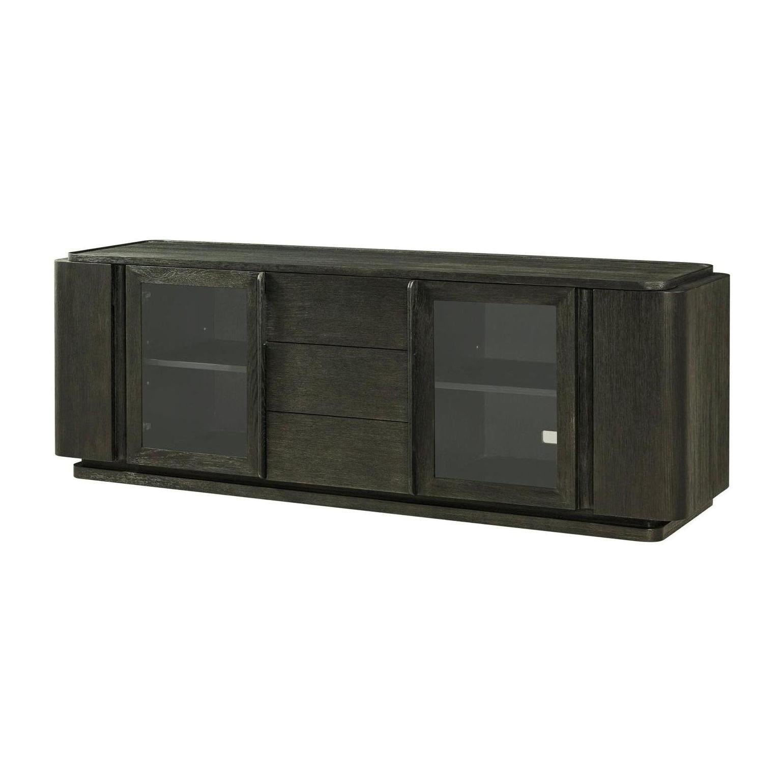 Theodore Alexander Repose Glass Door Media Console With Drawers and Side Storage
