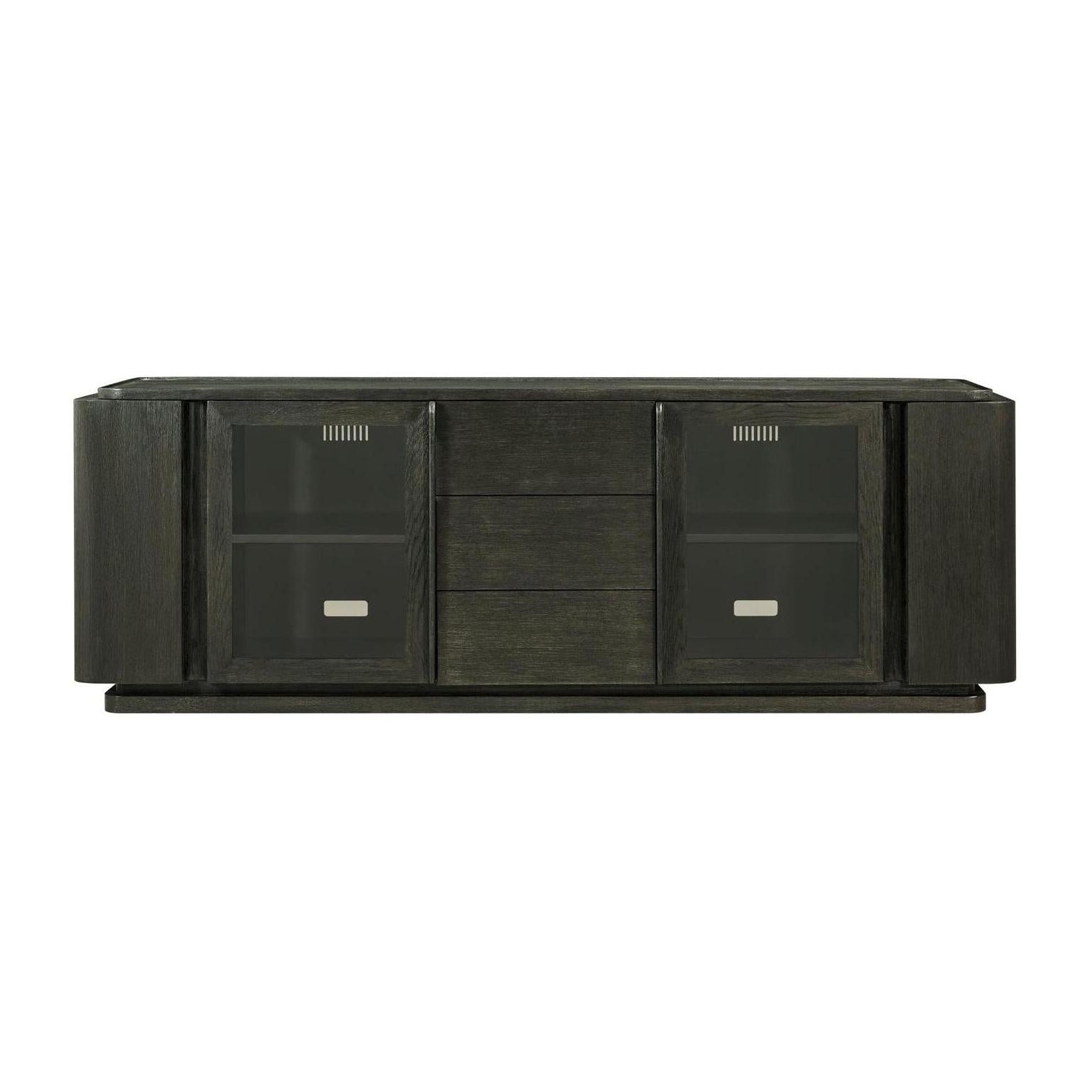 Theodore Alexander Repose Glass Door Media Console With Drawers and Side Storage