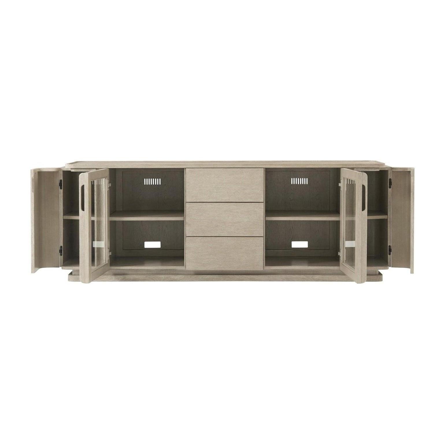 Theodore Alexander Repose Glass Door Media Console With Drawers and Side Storage