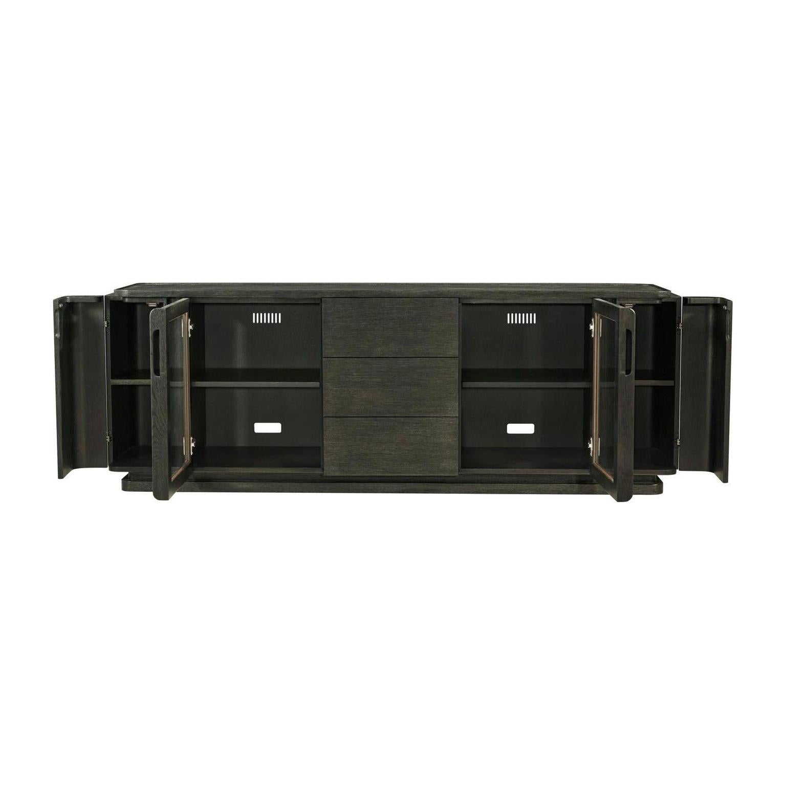Theodore Alexander Repose Glass Door Media Console With Drawers and Side Storage