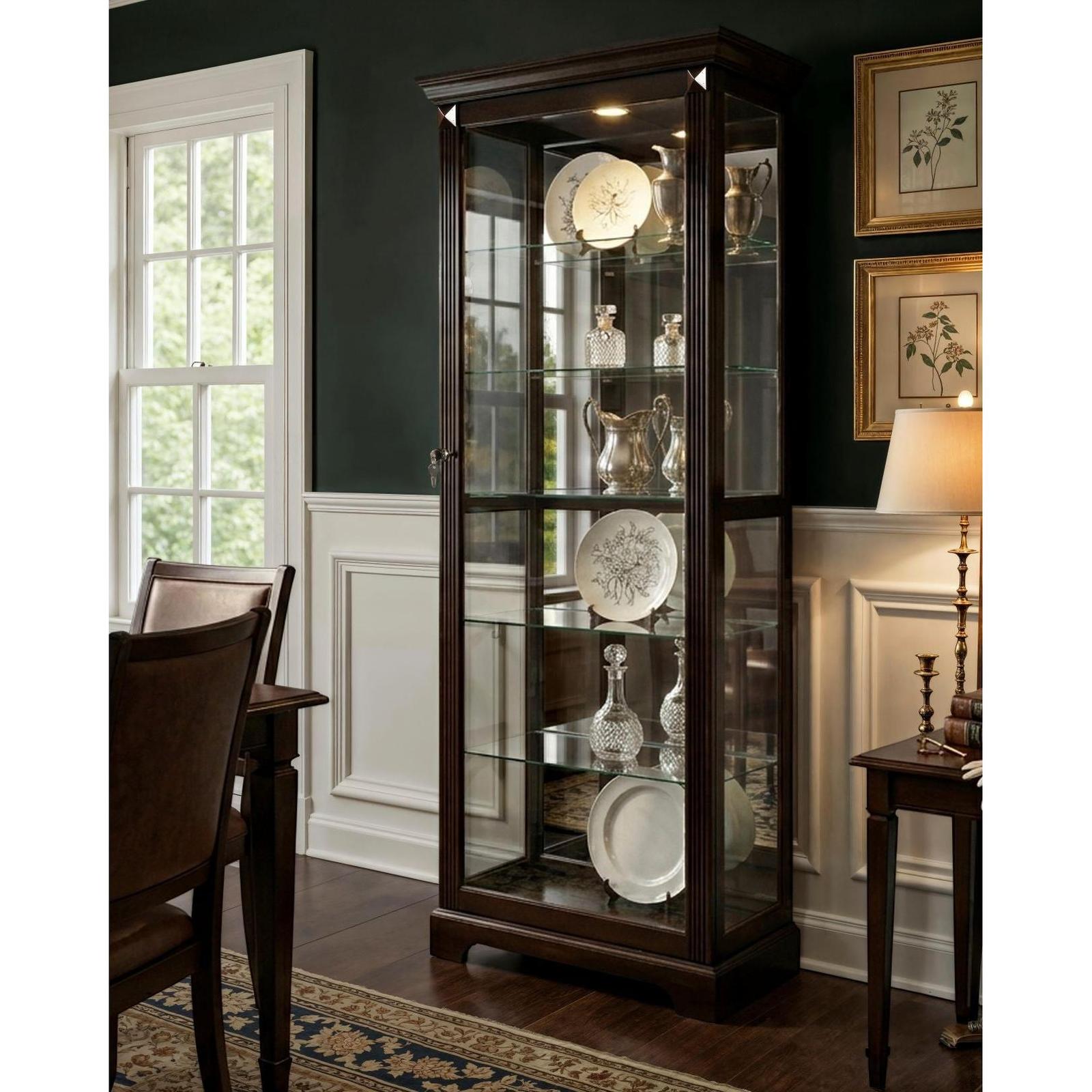 Pulaski Furniture Curios Deep Cherry Brown Locking Slide Door 5 Shelf Curio Cabinet