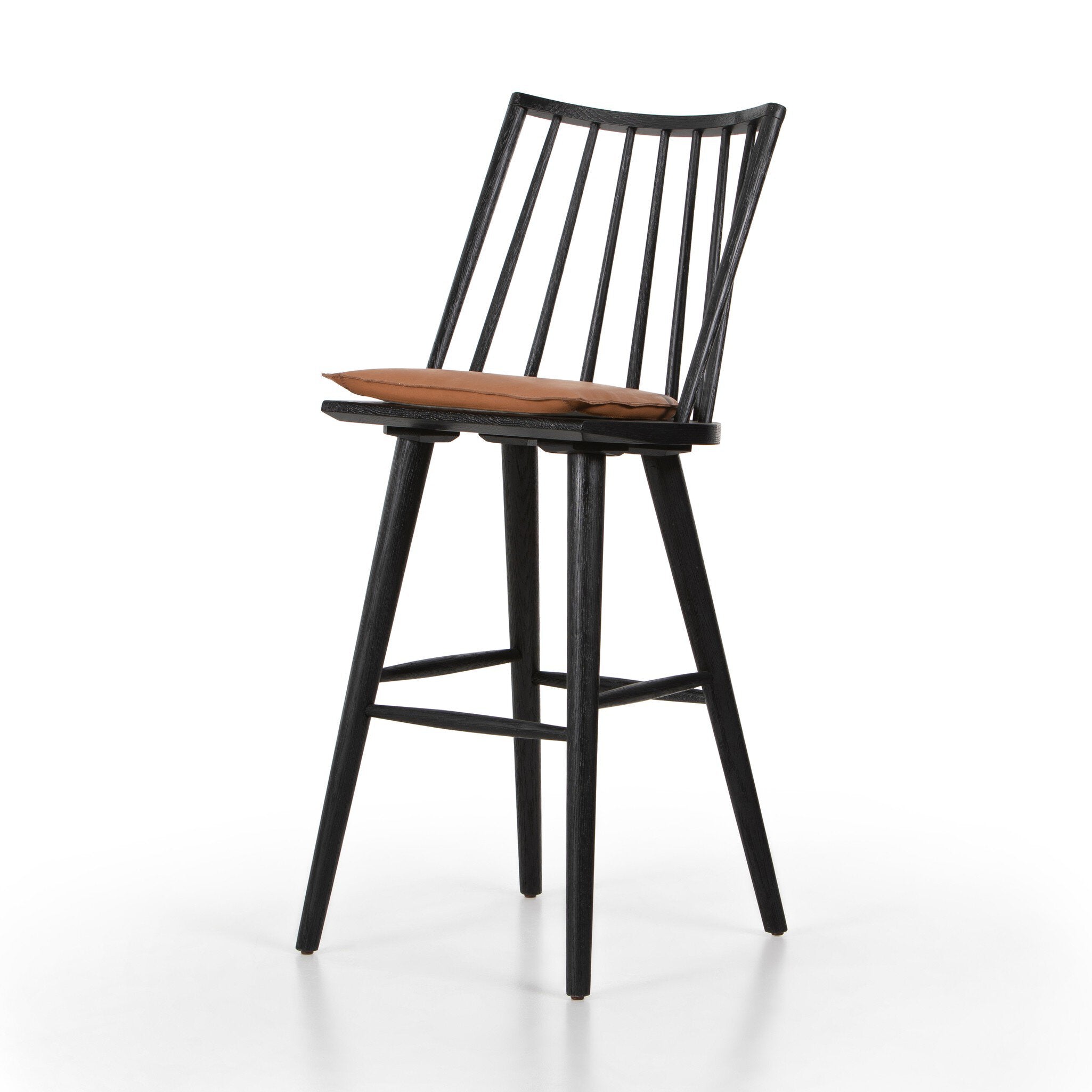 Four Hands Lewis Windsor Bar + Counter Stool Black Oak Whiskey Saddle
