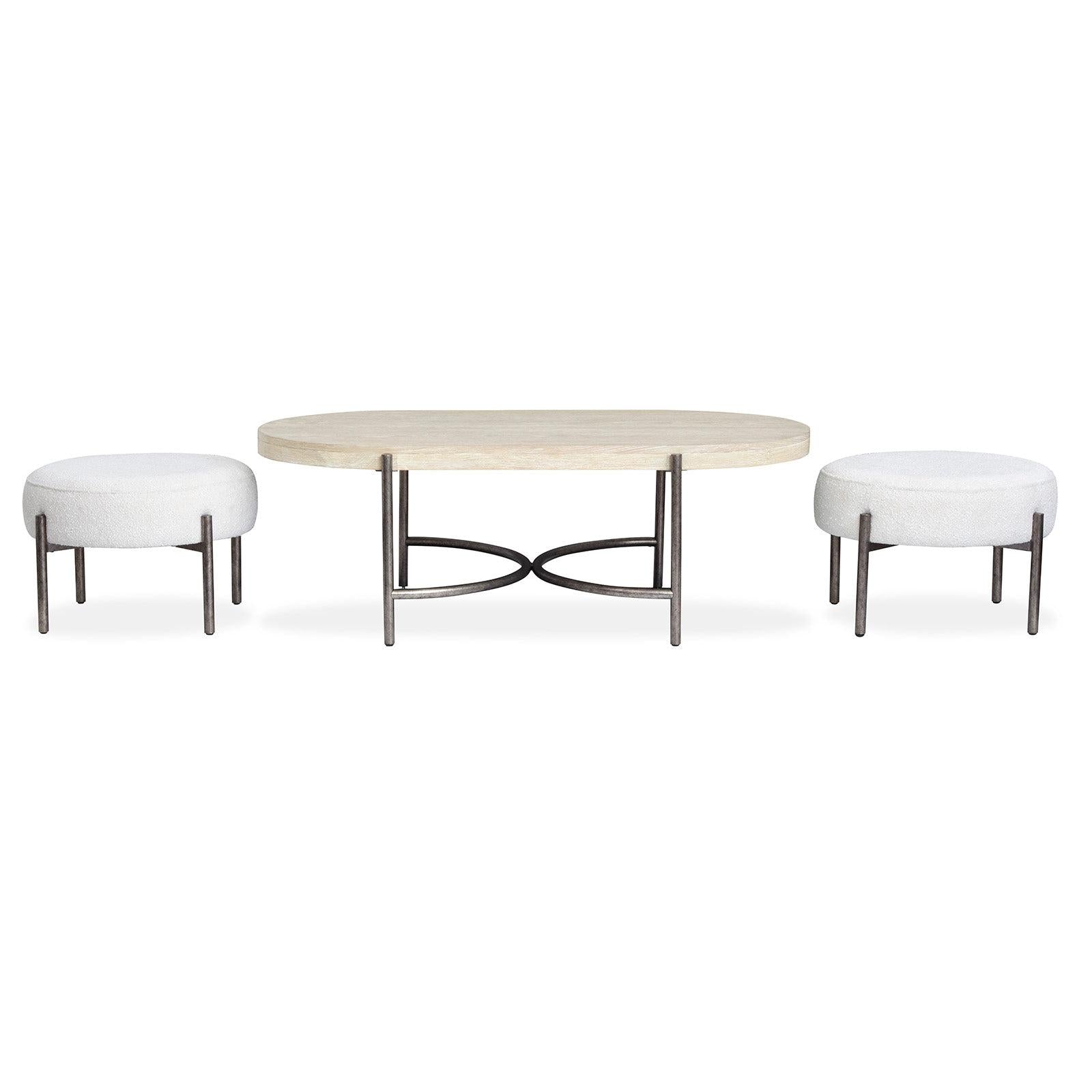 Magnussen Home Jennings Edgecomb Grey And Weathered Antique Nickel Oval Cocktail Table With 2 Ottomans