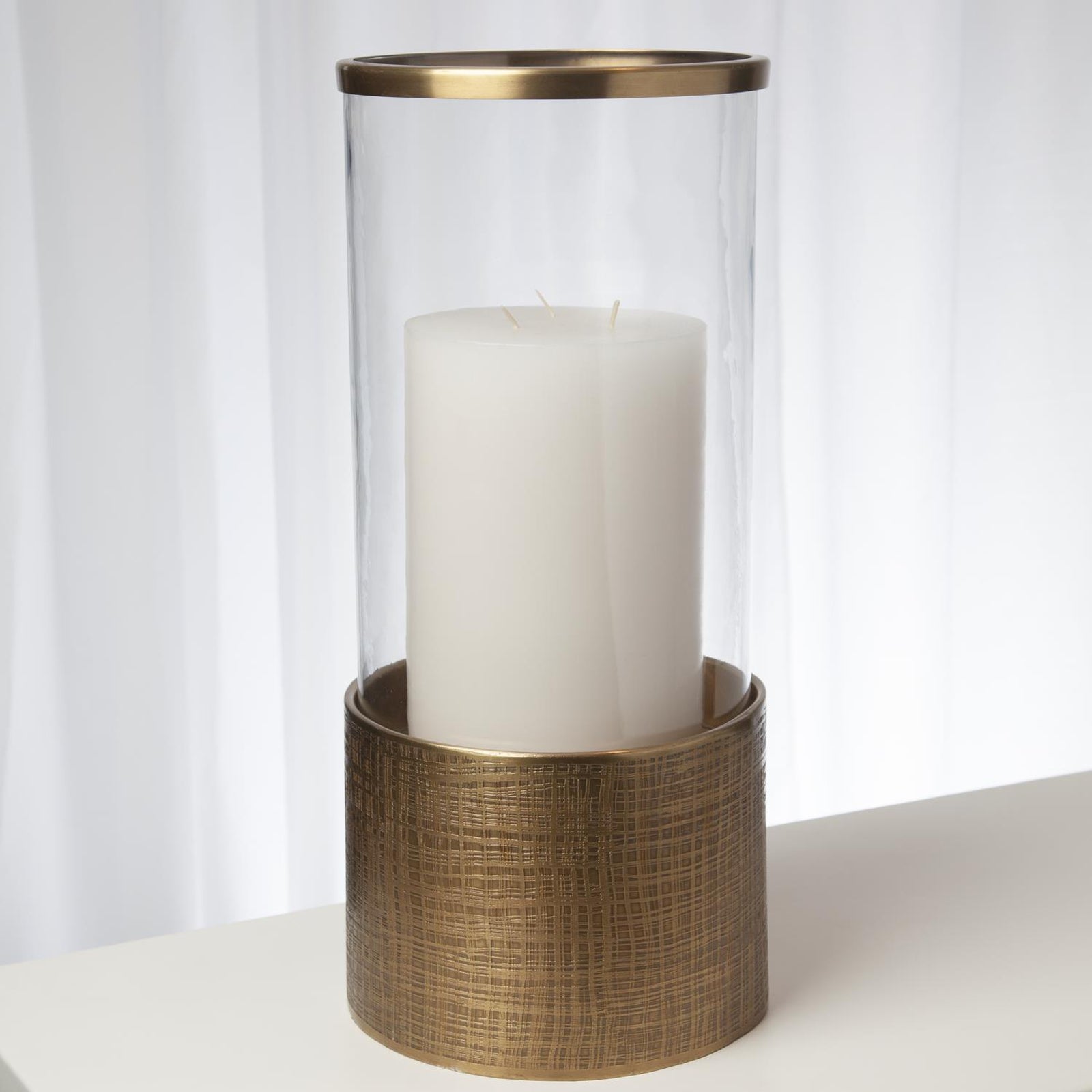 Global Views Antique Brass Plaid Etched Glass Hurricane