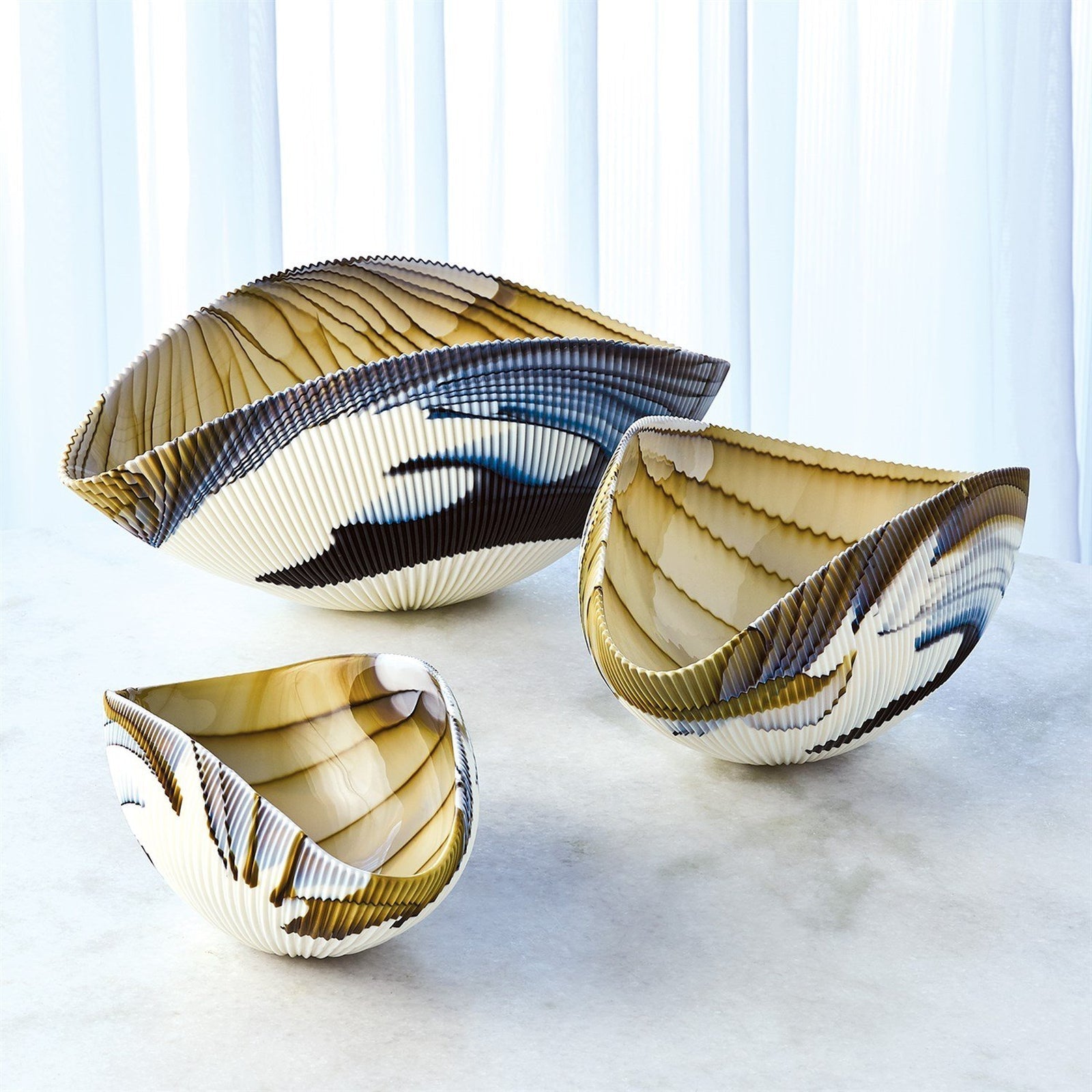 Global Views Blue Filigree Amber Pleated Bowl