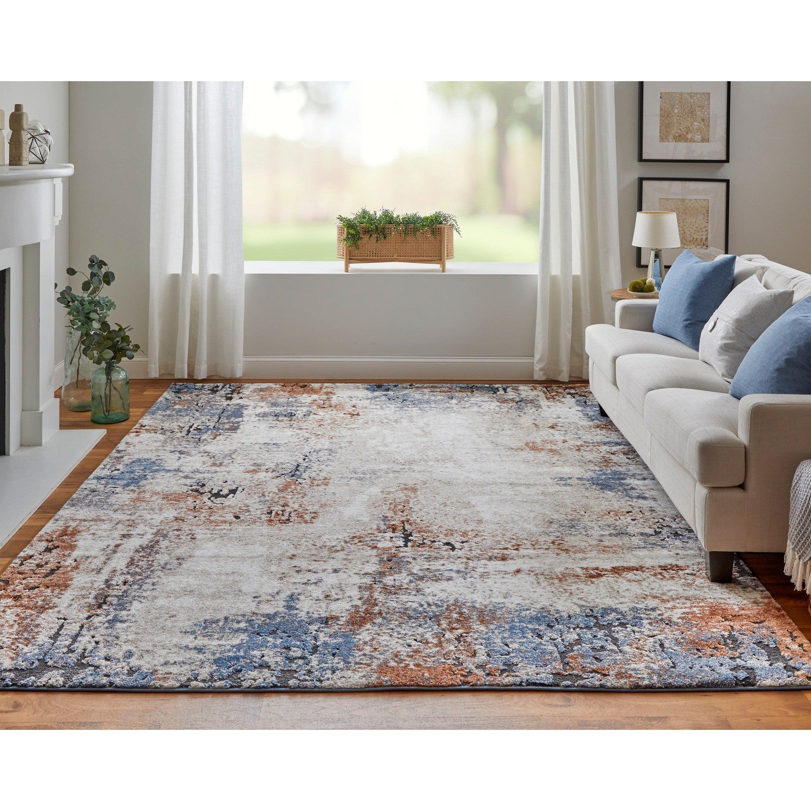 Feizy Gilmore 39MNF Modern Distressed in Ivory/Blue/Taupe