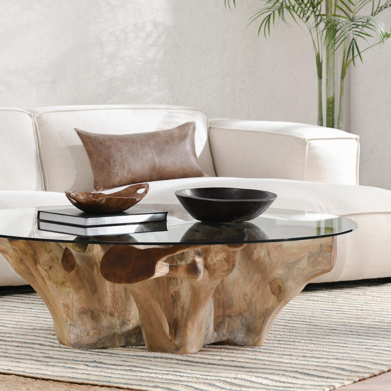Classic Home Willow Teak Root/Glass Round Coffee Table