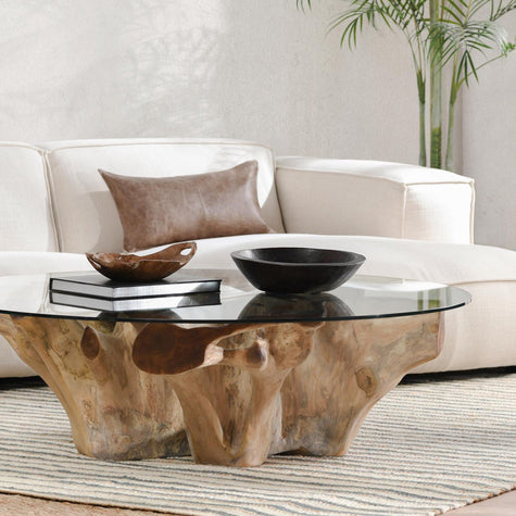 Classic Home Willow Teak Root/Glass Round Coffee Table