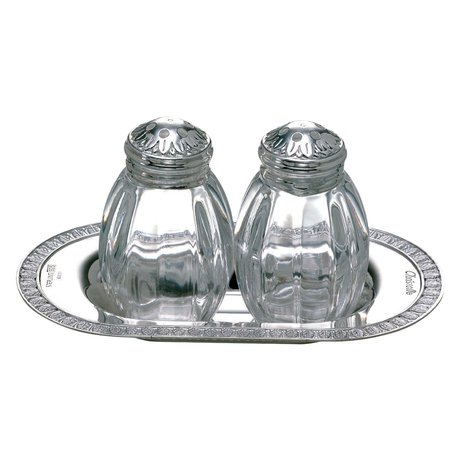 Christofle Malmaison Sterling Silver Salt And Pepper Shaker Set On Tray