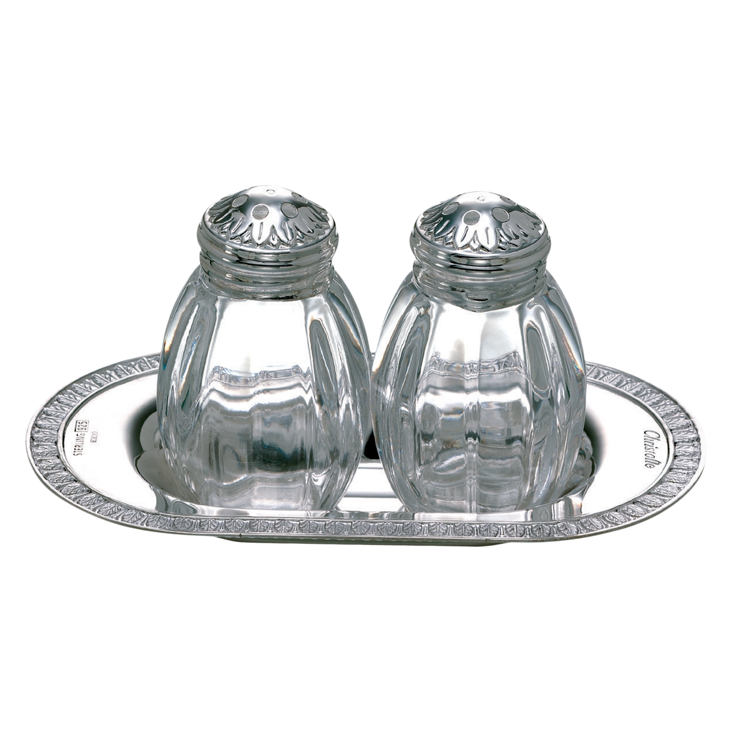 Christofle Malmaison Sterling Silver Salt And Pepper Shaker Set On Tray