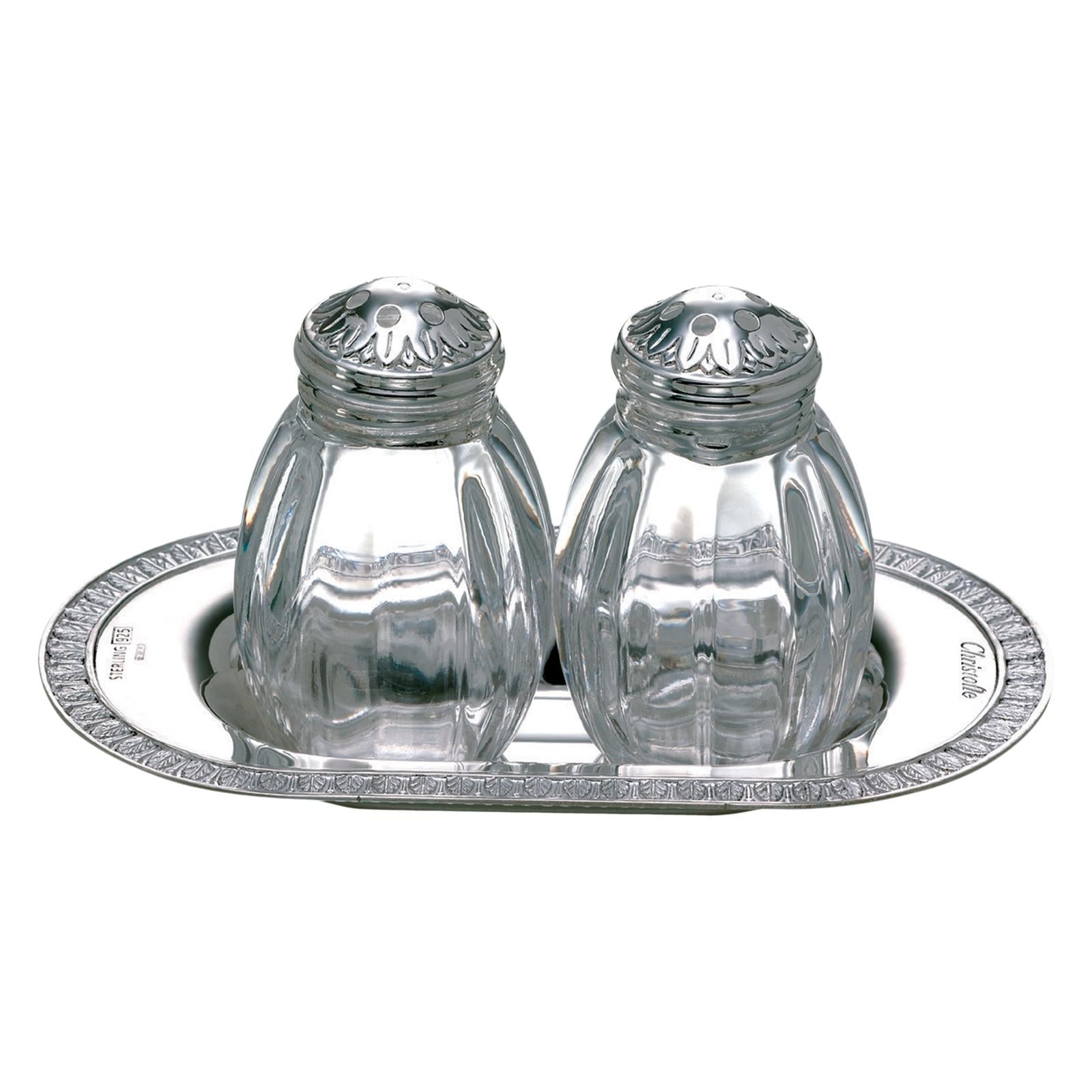 Christofle Malmaison Sterling Silver Salt And Pepper Shaker Set On Tray