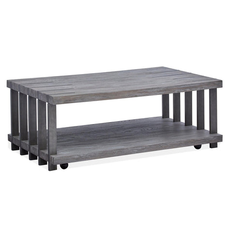 Magnussen Home Eldridge Weathered Gravel And Satin Bronze Rectangular Cocktail Table With Casters