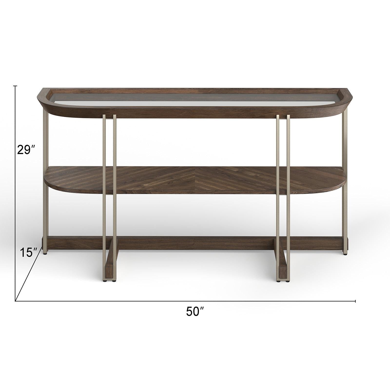 Magnussen Home Elora Walnut And Tarnished Silver And Clear Glass Demilune Sofa Table