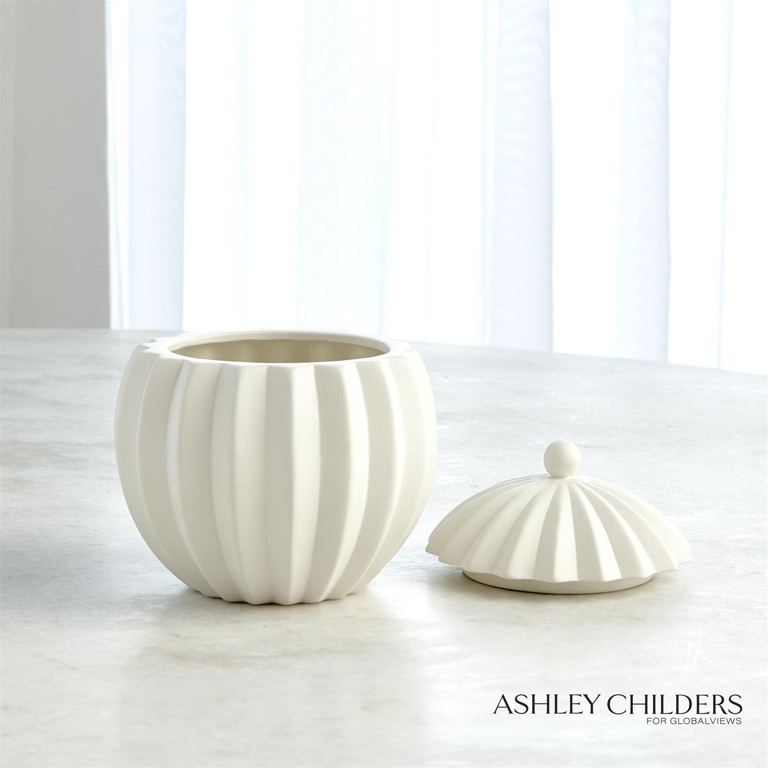 Global Views Matte White Spicchi Line Bowl with Lid