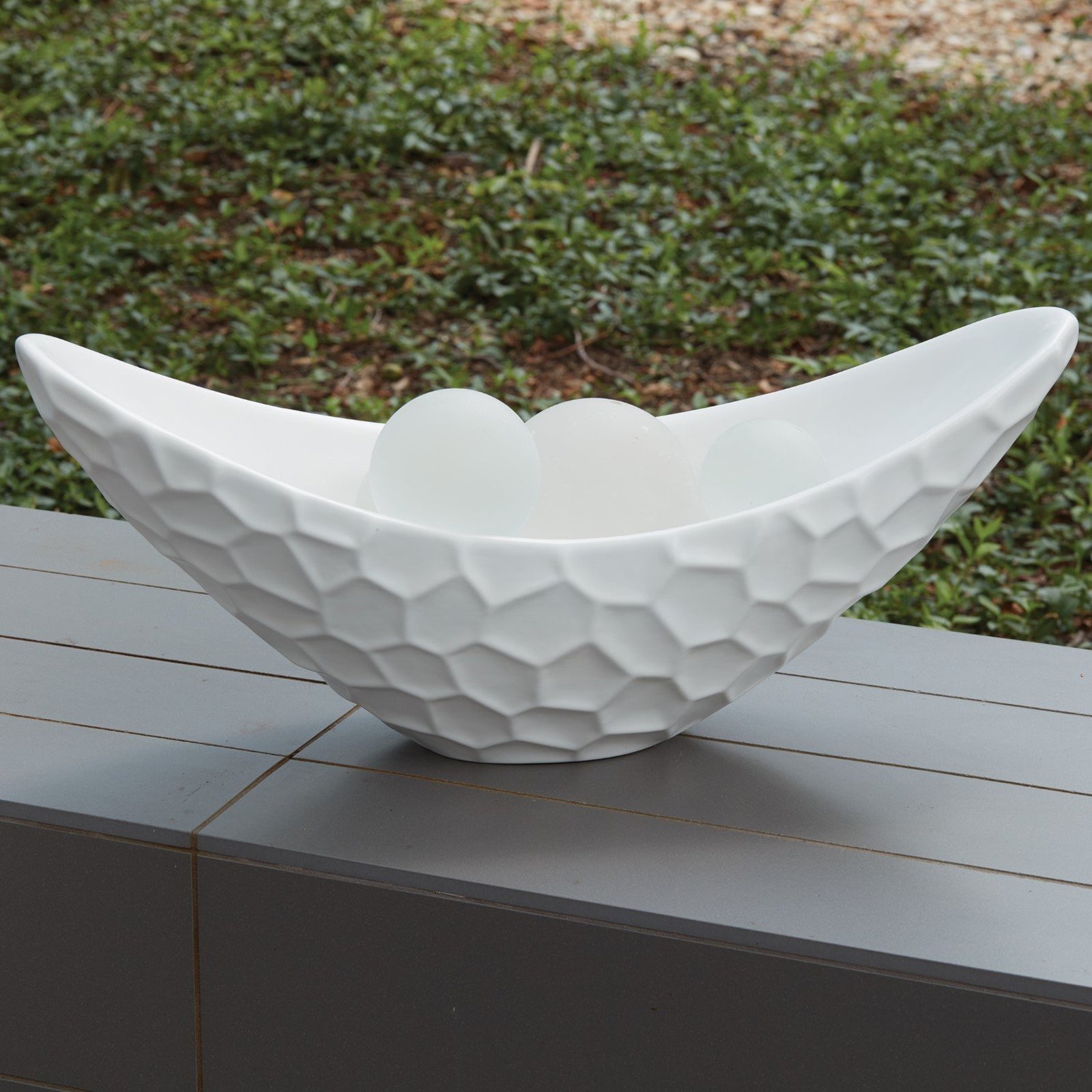 Global Views Matte White Honeycomb Long Bowl