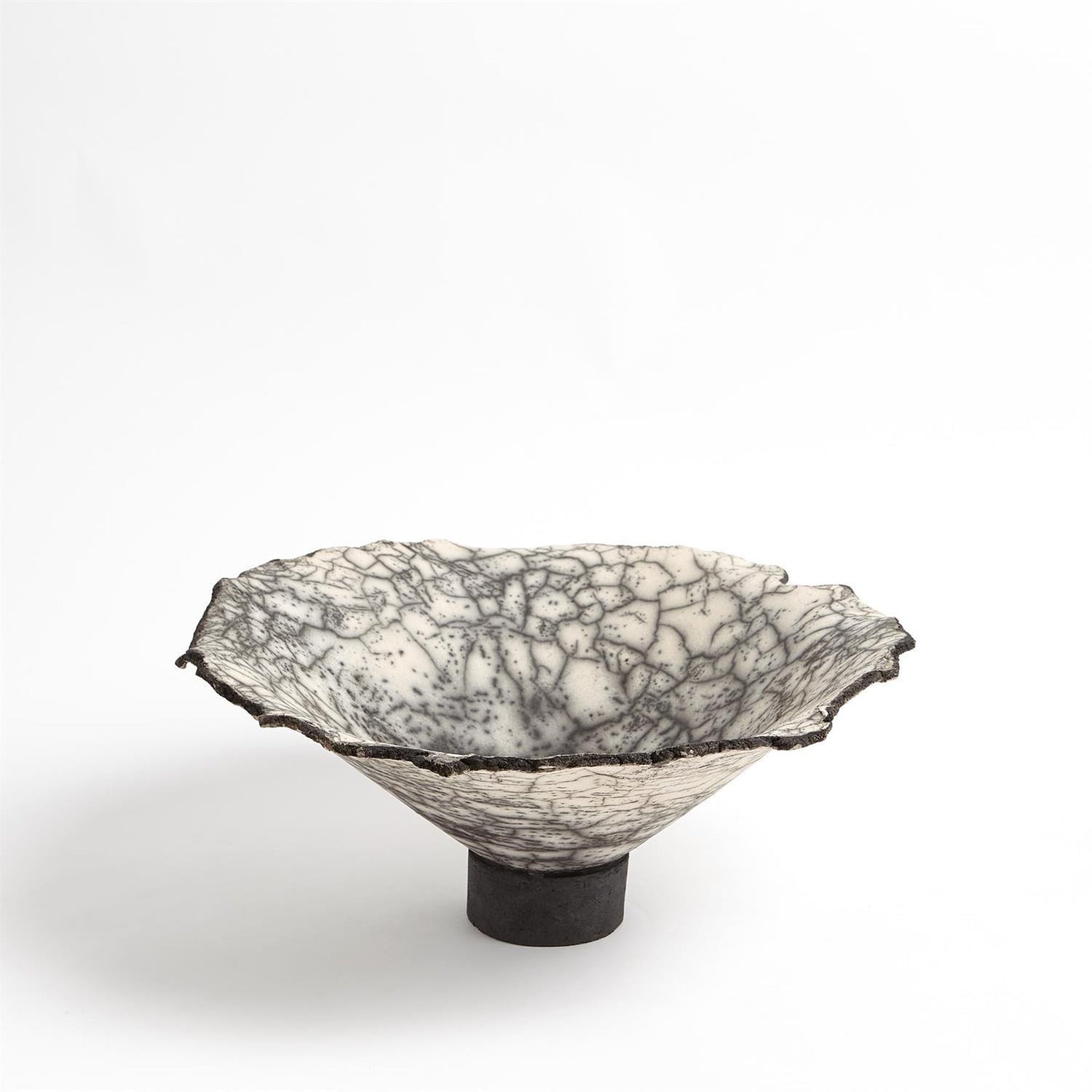 Global Views Black Raku Crackled Footed Bowl