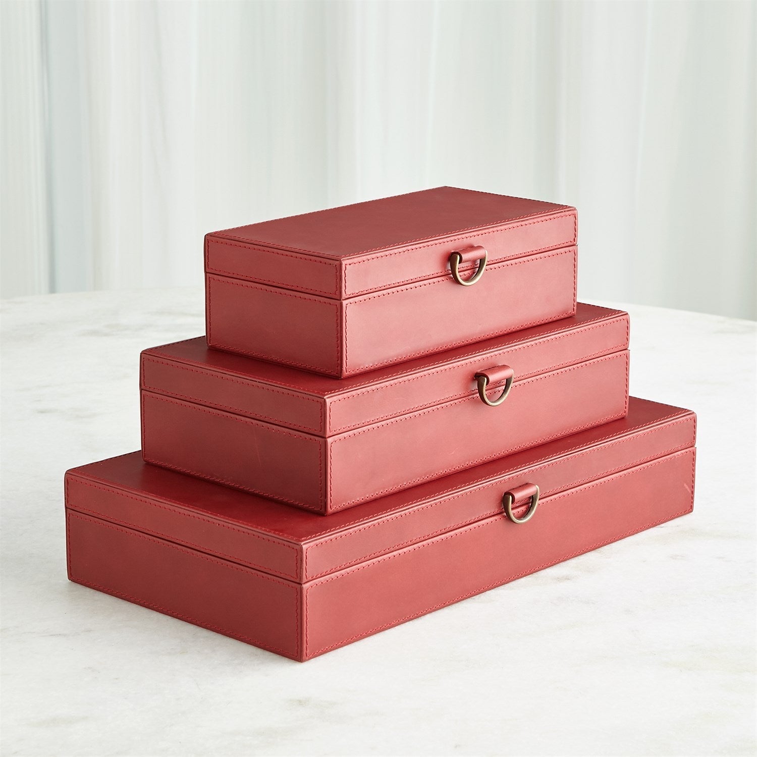 Global Views Deep Red Marbled Leather D Ring Box