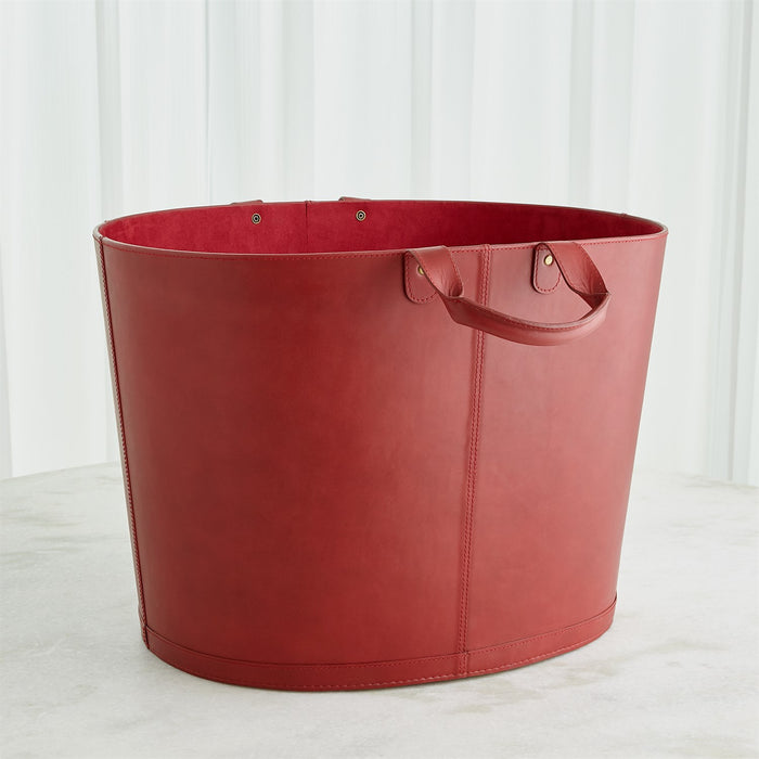 Global Views Oversized Oval Leather Basket - Deep Red