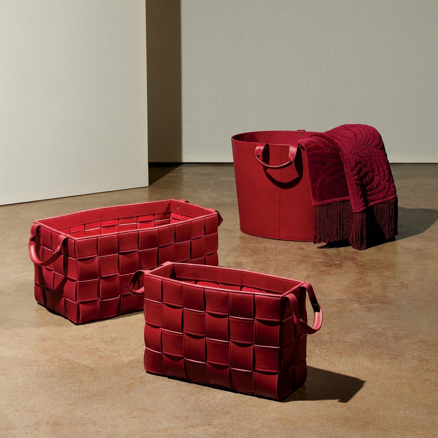 Global Views Deep Red Soft Woven Leather Basket Clearance