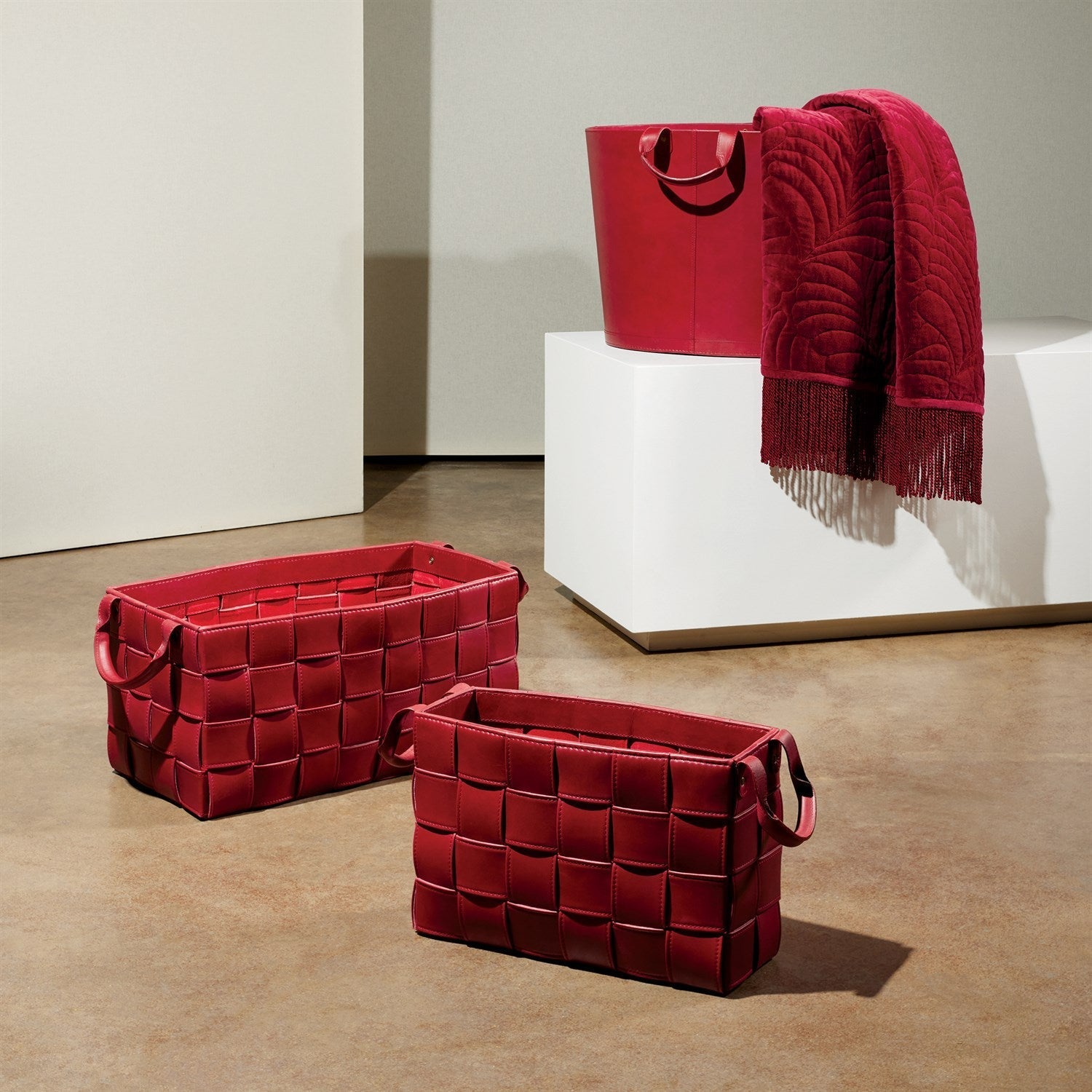 Global Views Deep Red Soft Woven Leather Basket Clearance