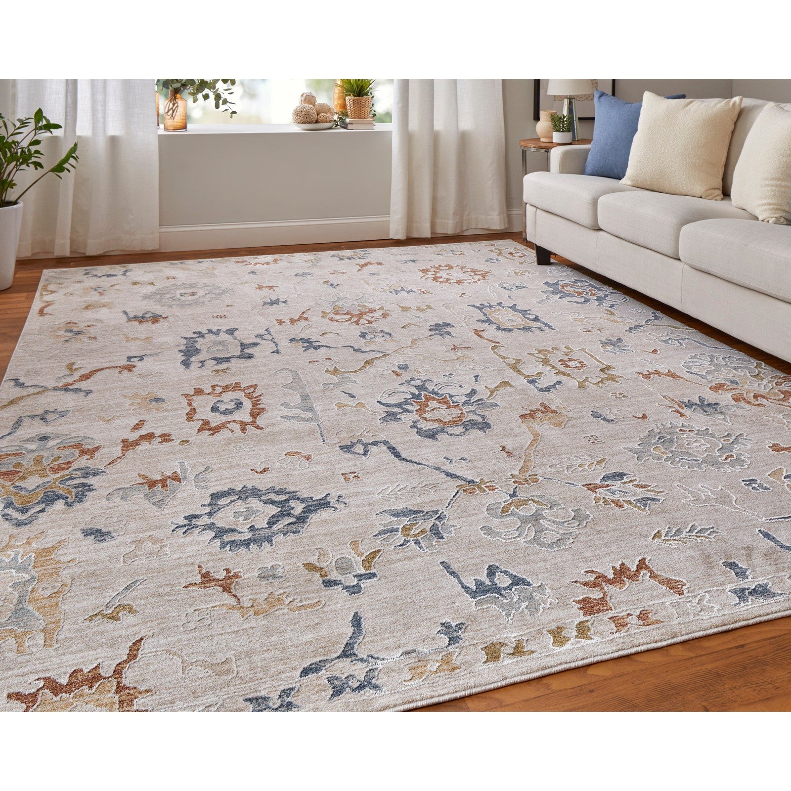 Feizy Pasha 39M8F Transitional Floral & Botanical in Ivory/Blue/Gold