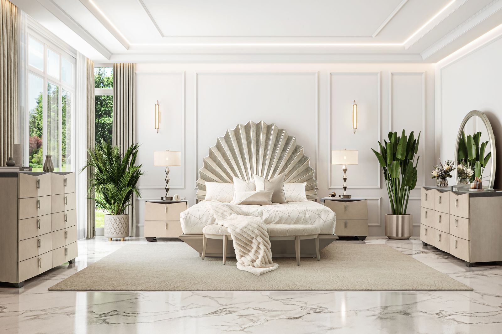 Michael Amini Fantosini King Fan Bed - Silver Leaf