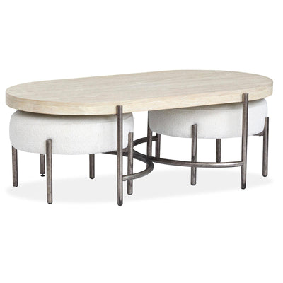 Magnussen Home Jennings Edgecomb Grey And Weathered Antique Nickel Oval Cocktail Table With 2 Ottomans