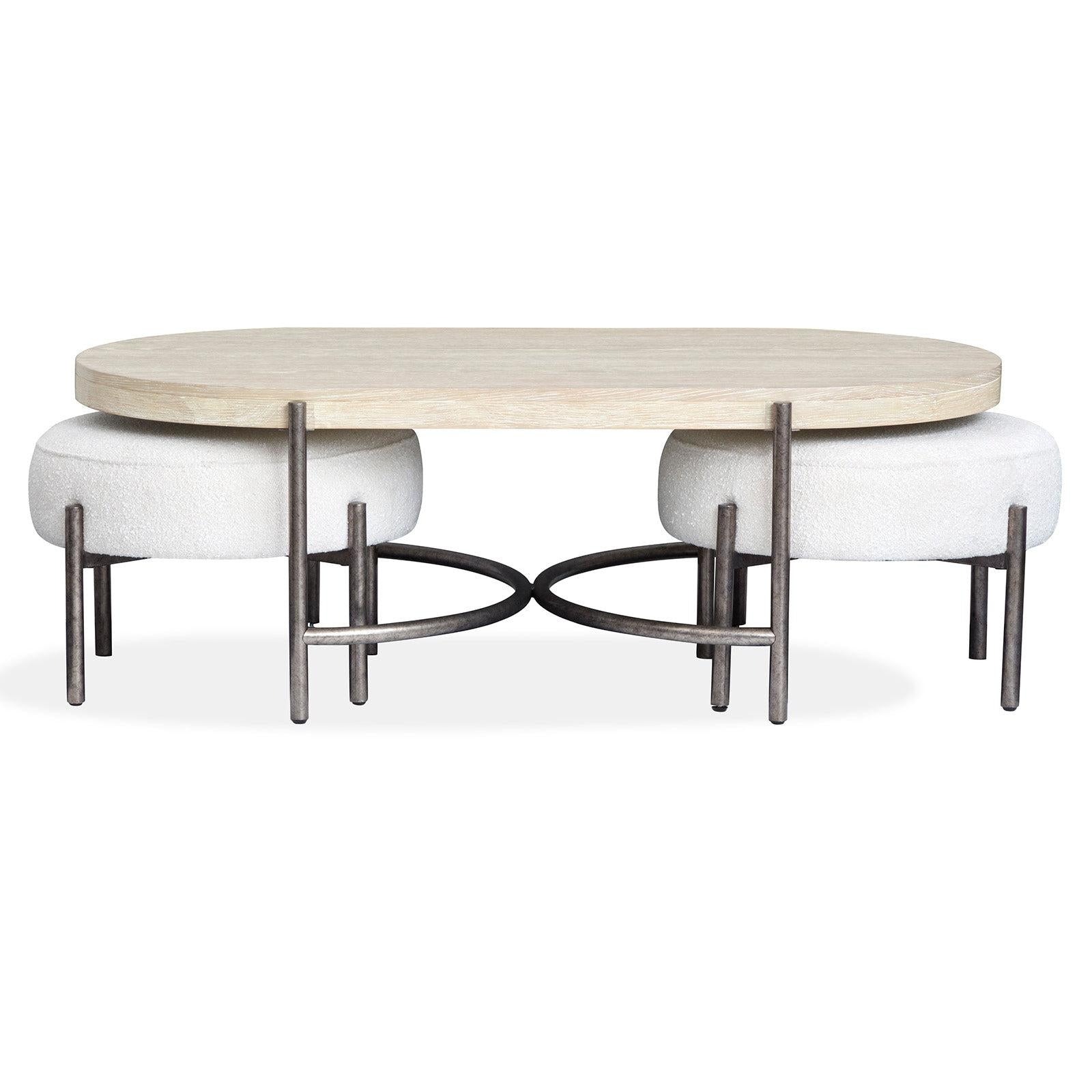 Magnussen Home Jennings Edgecomb Grey And Weathered Antique Nickel Oval Cocktail Table With 2 Ottomans