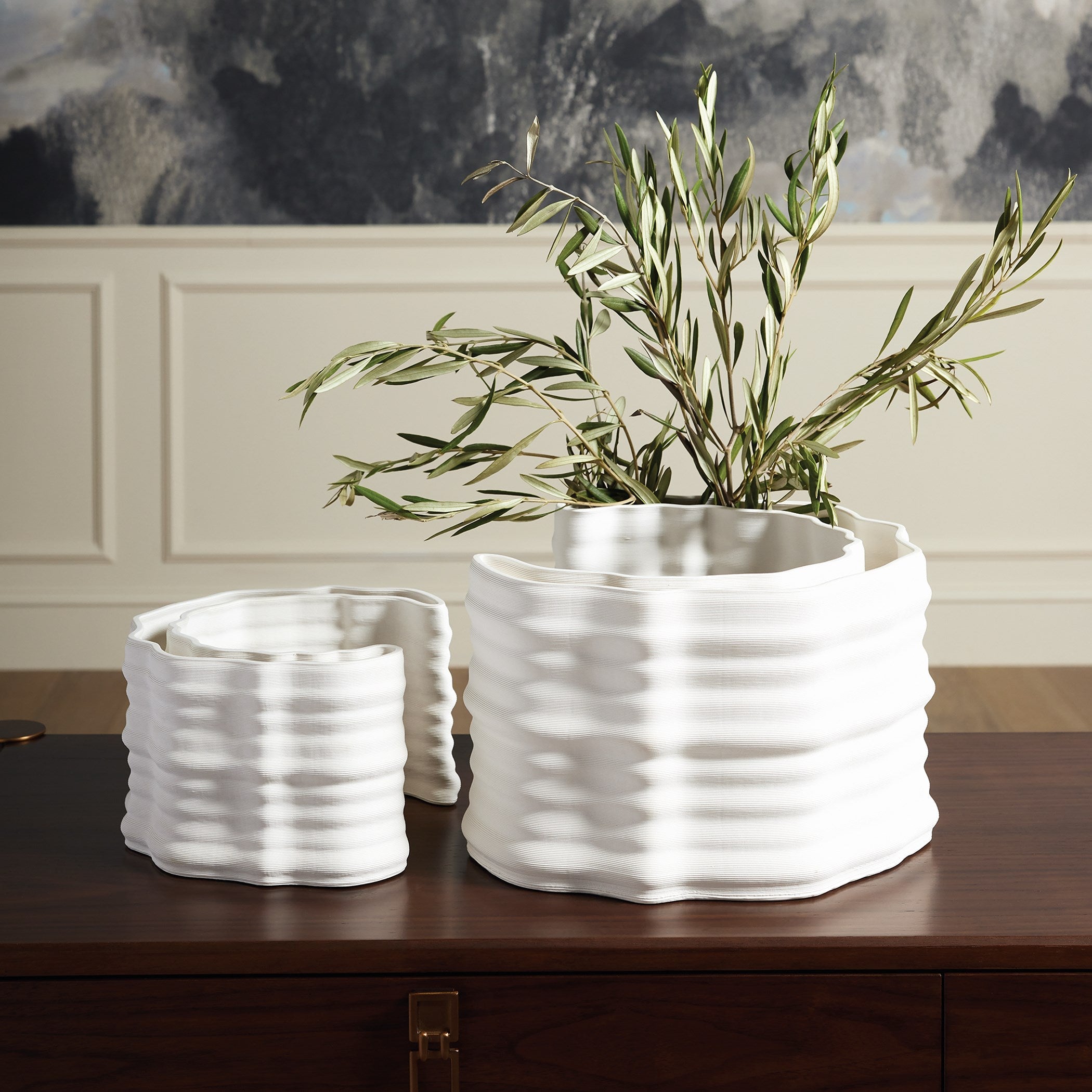Global Views Matte White Crescent Printed Vase