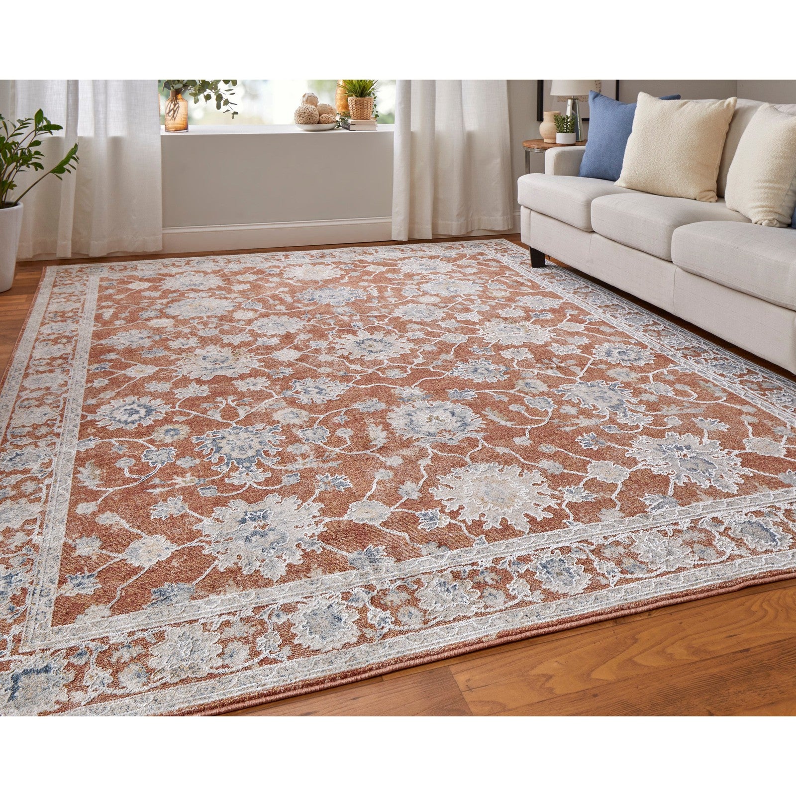 Feizy Pasha 39M7F Transitional Floral & Botanical in Red/Ivory/Blue