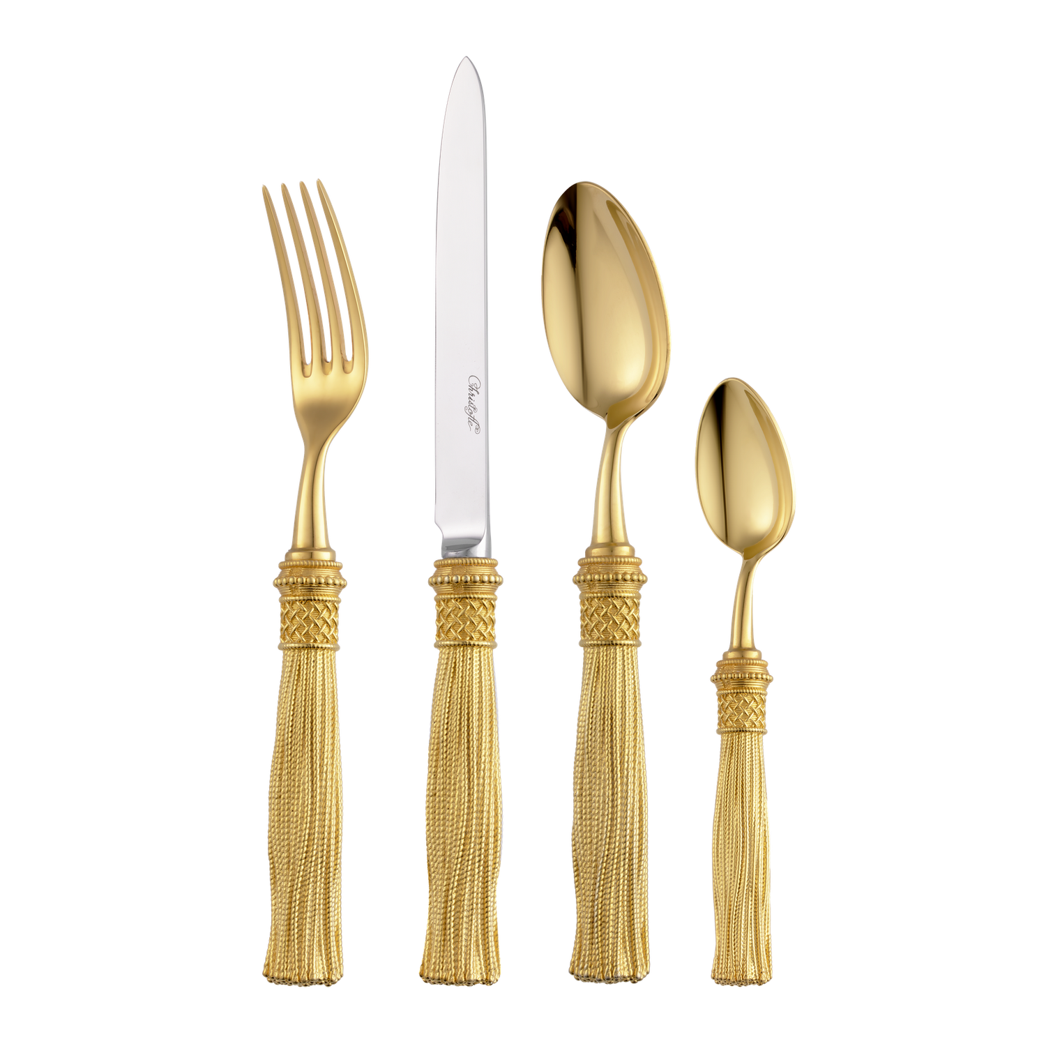Christofle Pompon Silver Plated Gilded 4-Piece Cutlery Set