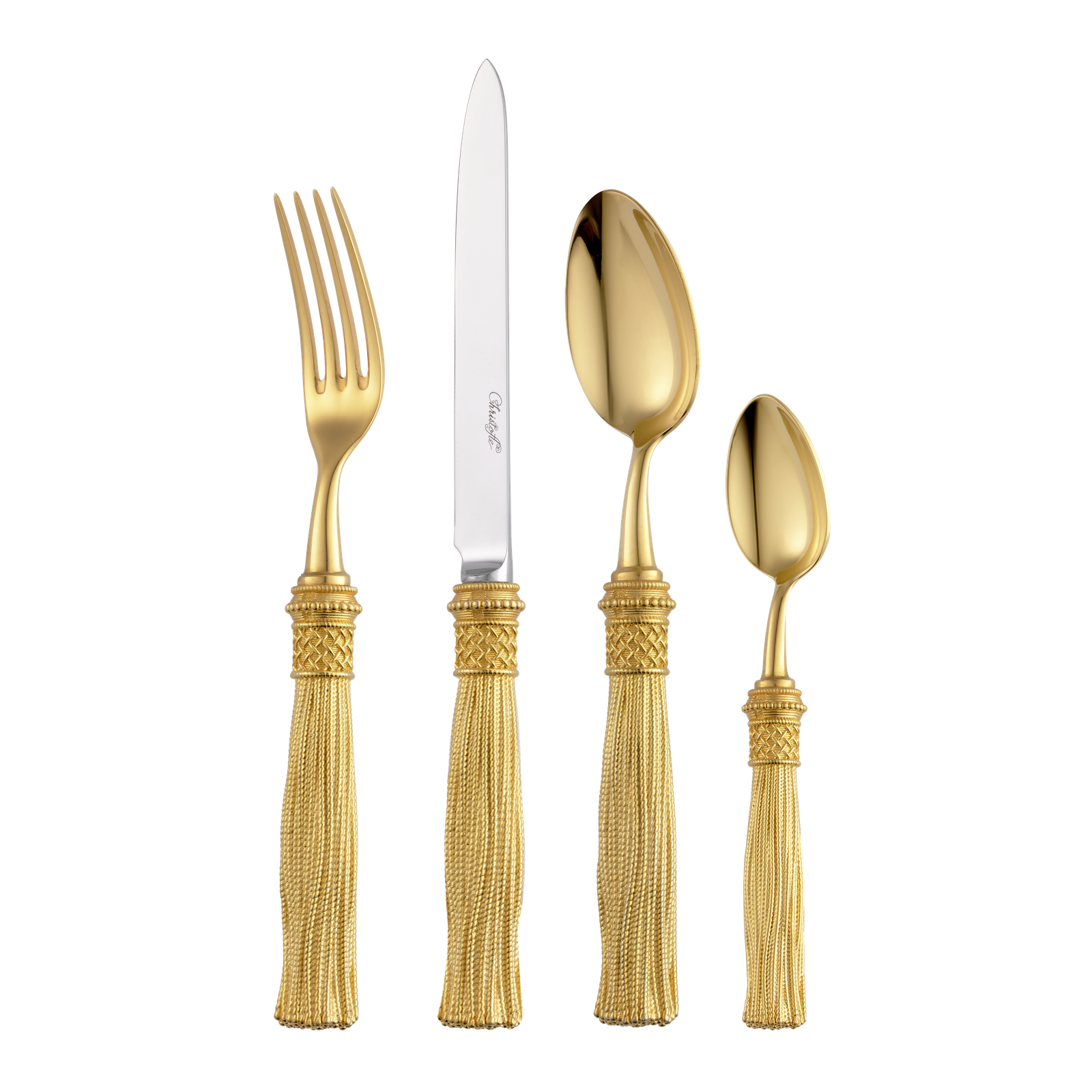 Christofle Pompon Silver Plated Gilded 4-Piece Cutlery Set