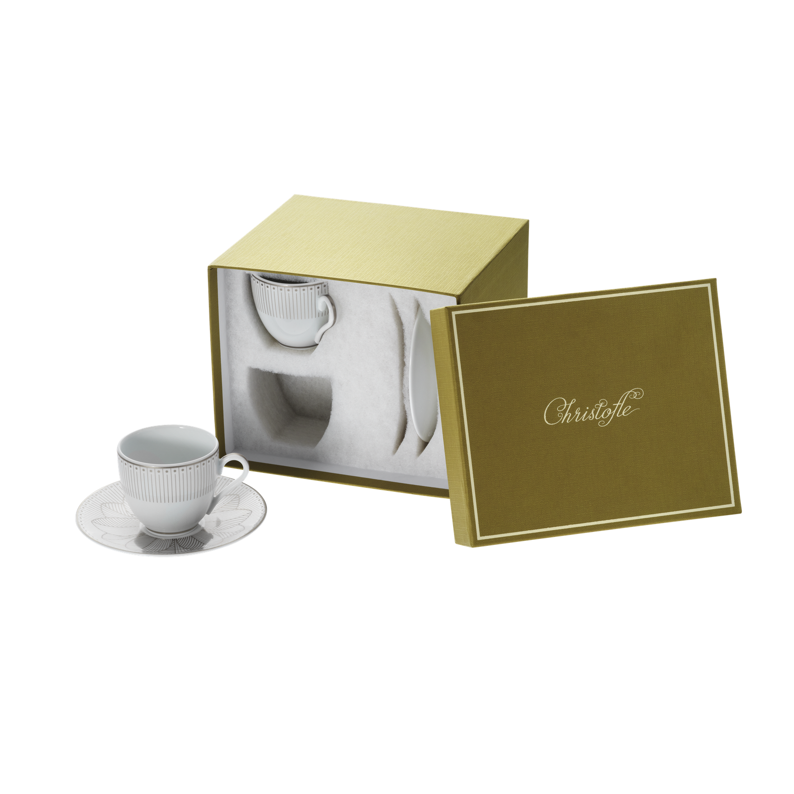 Christofle Malmaison Impériale Porcelain 2 Espresso Cups And Saucers