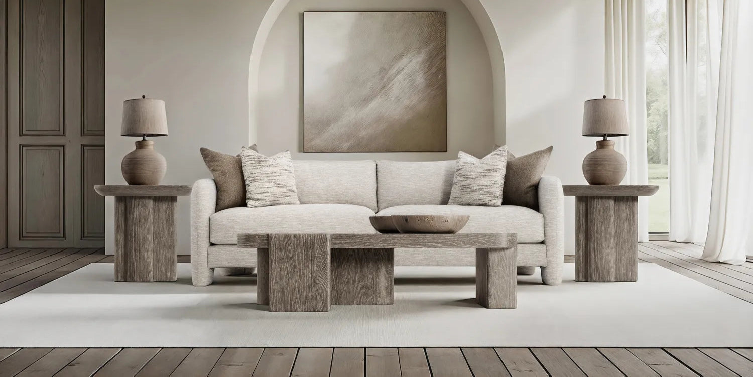 Modern living room with neutral tones, a sofa, coffee table, and decorative elements.